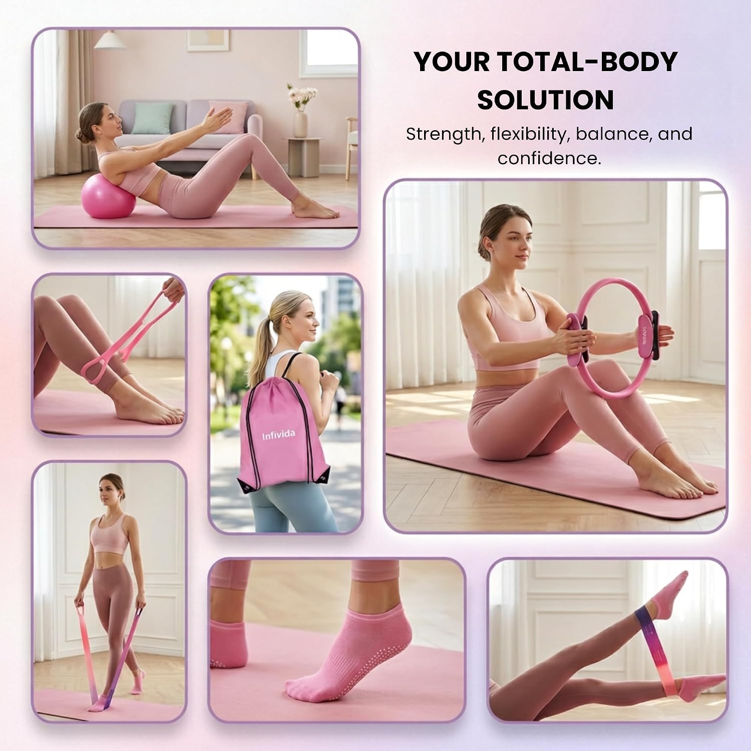 Pilates Kit for Women Workout - Home Pilates Equipment Improves Posture, Flexibility, Stability & Provides Strength with Pilates Circle Ring, 9" Ball, Yoga Ring & Other Essential Pilates Accessories.