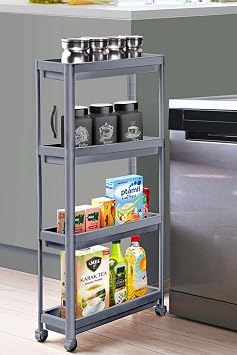 Slim 4 Katl  Tekerlekli Raf  nitesi - Dar Alanlar  in Mutfak ve Banyo Organizer - Baharatl k ve Havluluk D zenleyici - Gri