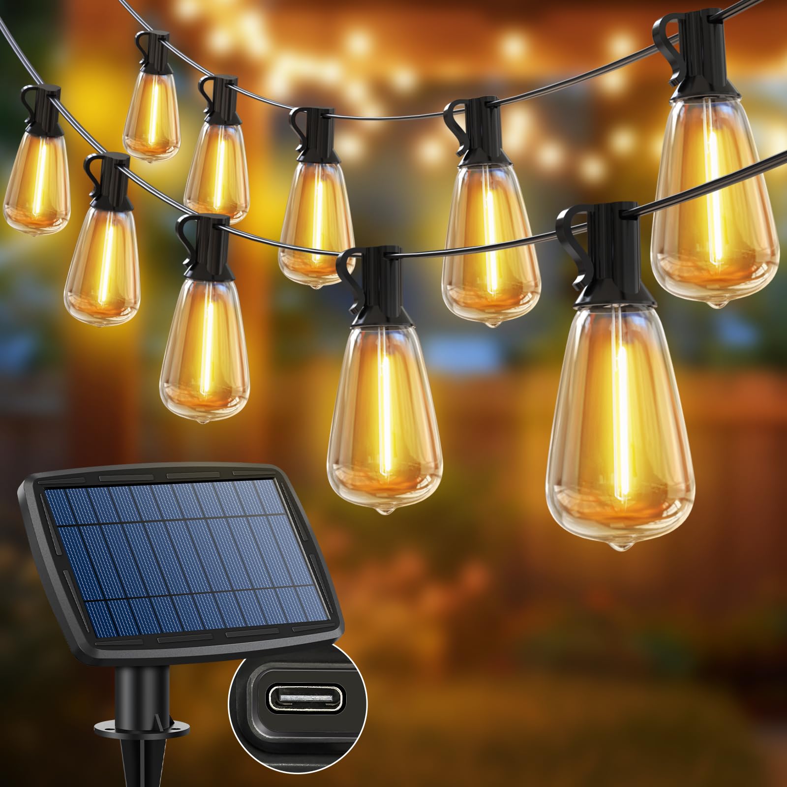 litogo 36.5M Guirnaldas Luces Exterior Solar, 50+3 ST38 LED Bombillas Solares Exterior Jardin IP65 Impermeable, 5 Modos Guirnalda Luces Led Solar Exteriores para Terraza, Patio, Fiestas, Blanco Calido