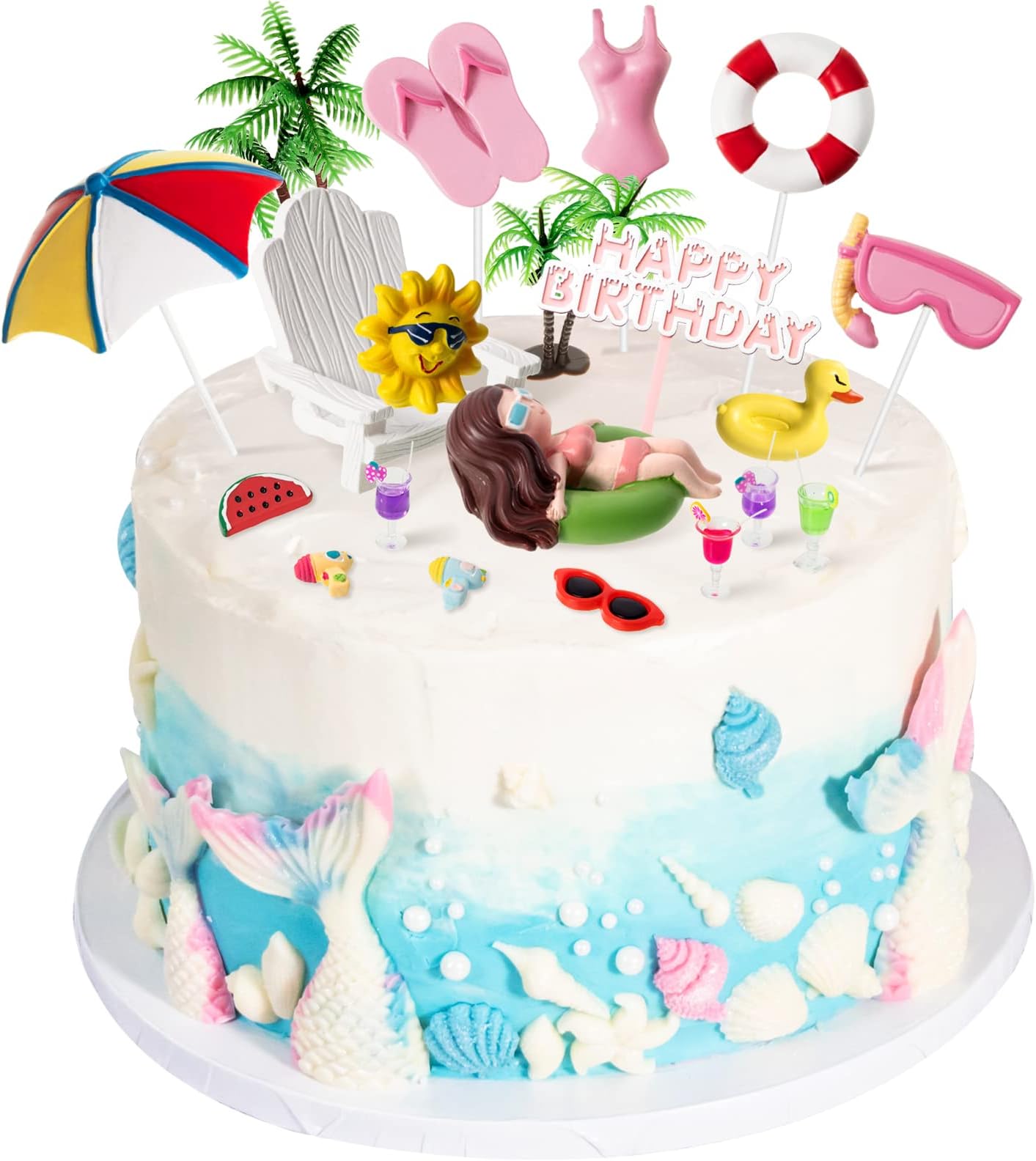 Junkin 21 Pcs Beach Cake Decorations Summer Pool Cake Topper Summer Birthday Decorations Coconut Tree Chair Umbrella Watermelon Sun for Pool Beach Party Birthday Supplies(Girl)