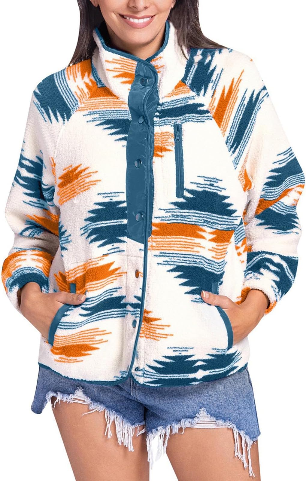 Fleece Jacket Women's Aztec Pattern Shacket Long Sleeve Press Stud Coats with Pockets Winter Jacket Winter Coat Winter Cuddly Jacket Coat Long Teddy Fur Teddy Fleece Autumn Sherpa