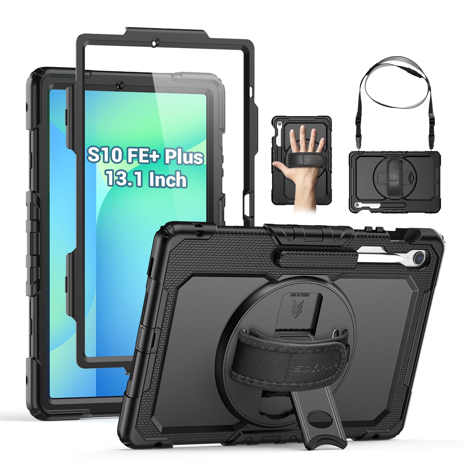 seymac case for samsung galaxy tab s10 fe+/ s10 fe plus 5g 13.1? 2025, heavy duty full-body shockproof protective case with screen protector, stand, hand/shoulder strap and pen holder, black