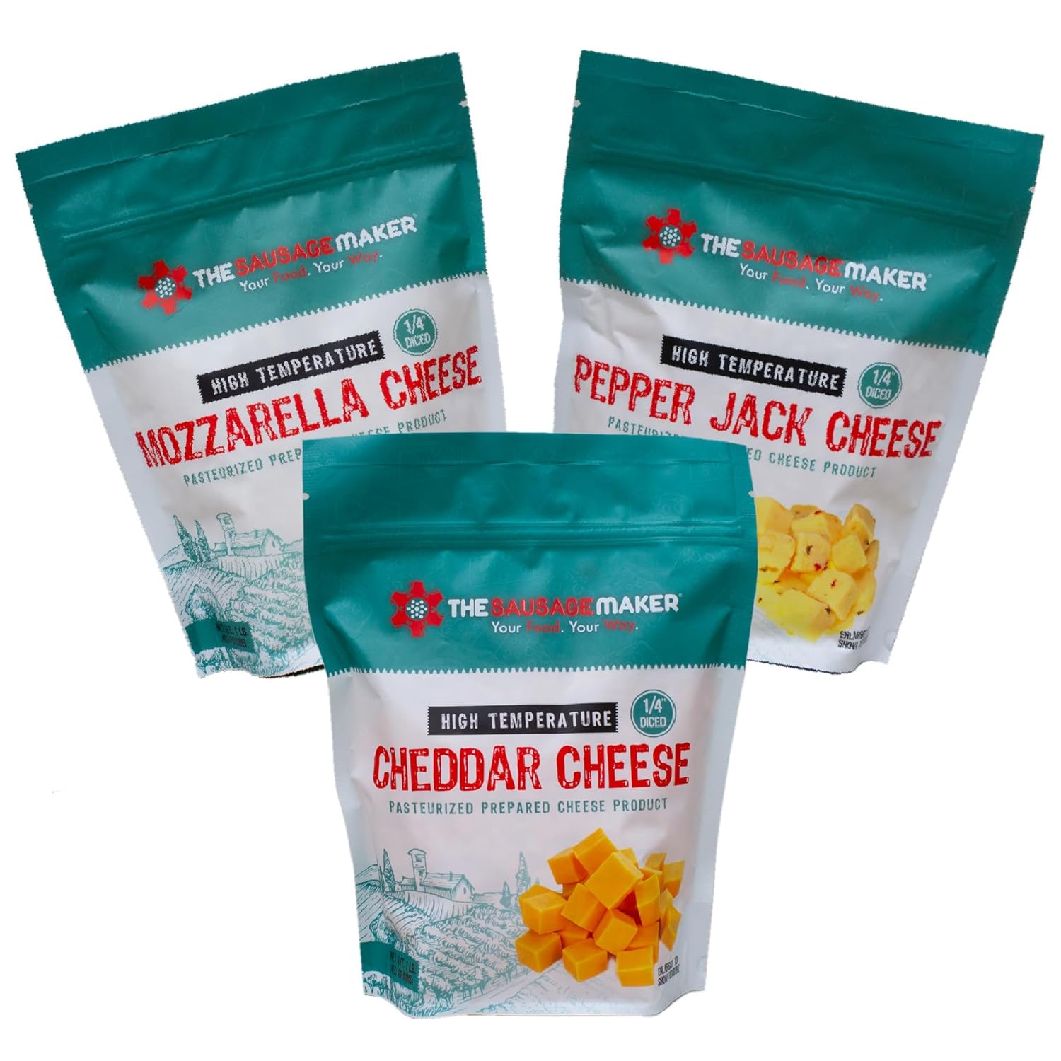 The Sausage Maker - High Temperature Cheese Assortment Pack - 3, 1 pound Packs - Cheddar, Hot Pepper and Mozzarella
