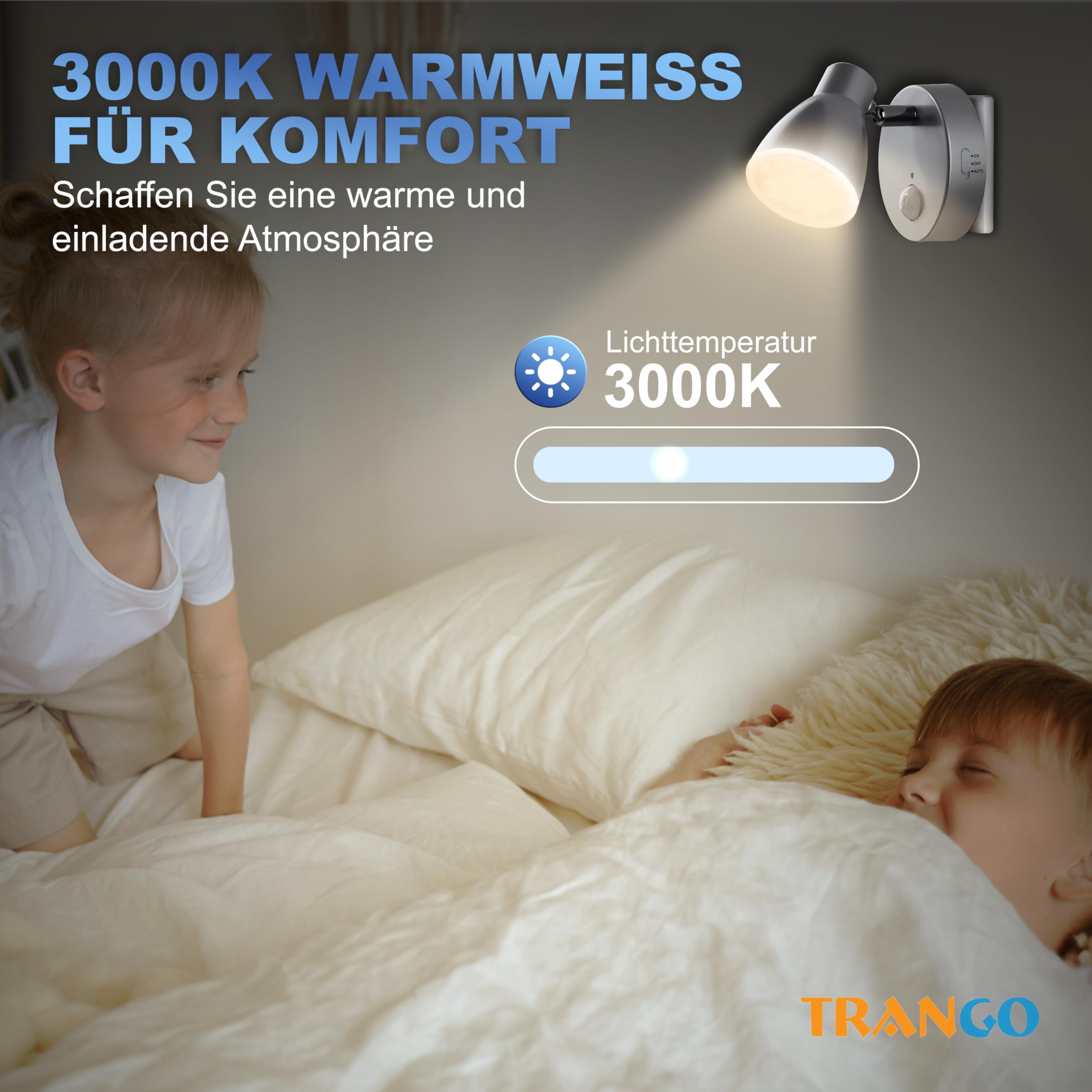 Trango 2er Set Sensor LED de luz nocturna TG2635-024 en plata con función automática 230V con sensor de movimiento, luz de seguridad, lámpara de enchufe, lámpara de pared, luz de orientación