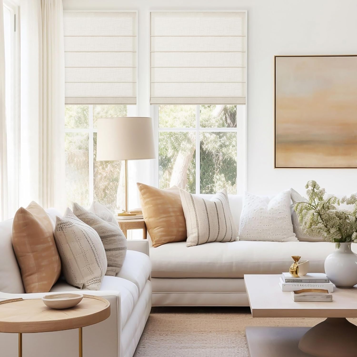 ChadMade Linen Blended Cordless Roman Shade for Bathroom Living Room, Custom Made Heavyweight Textured Light Filtering Privacy Roman Shade, White, 1 Piece, Jair Collection