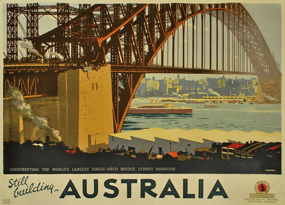 Lámina artística mate de Percy Trompf: póster de viaje de Australia con puente vintage
