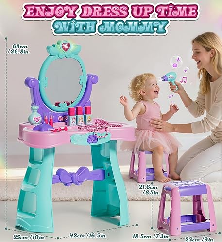 Miniatura 5 de Lehoo Castle Juego de mesa y silla de tocador para niños con espejo, luz, música, mesa de maquillaje para niñas con taburete y secador de pelo
