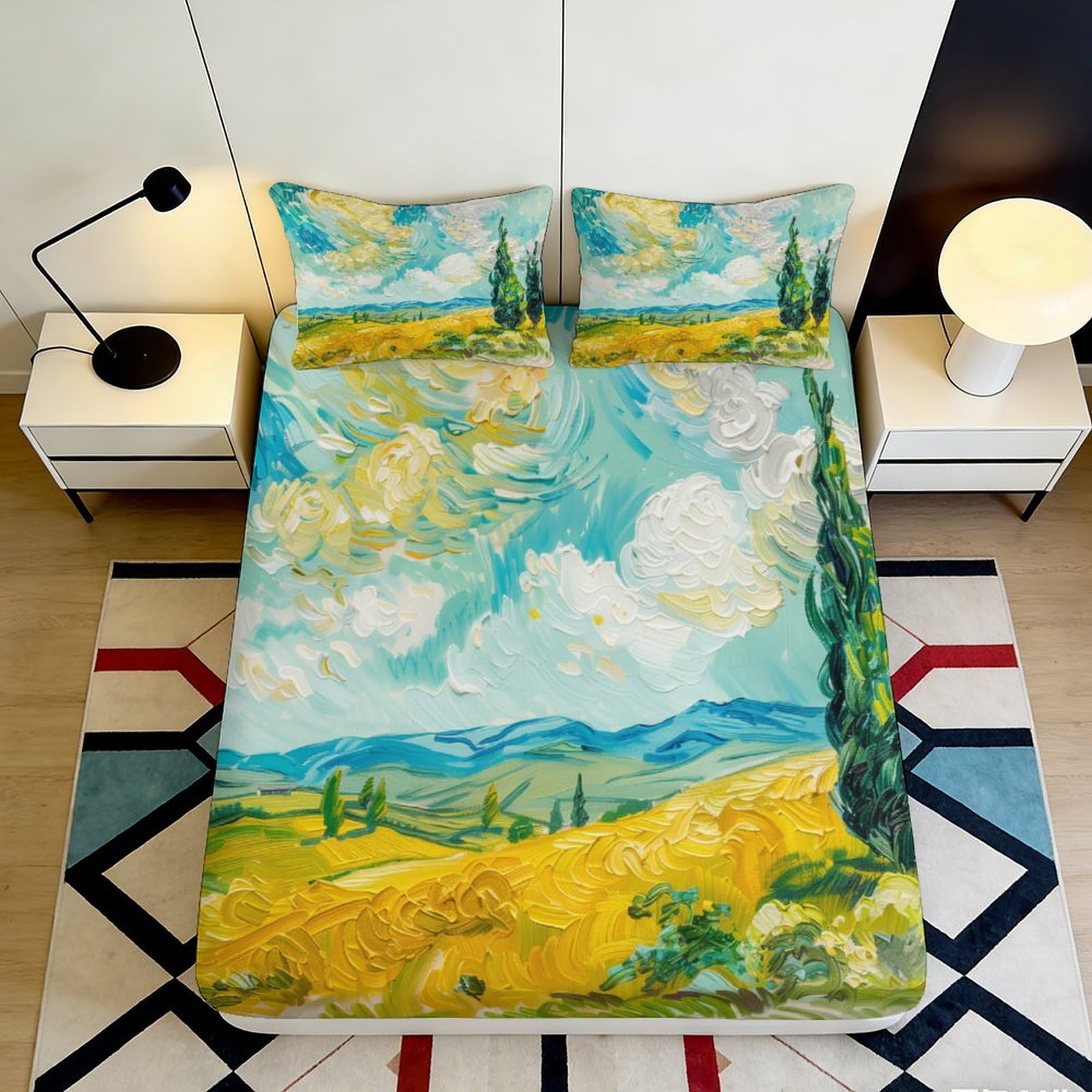 3D Printed Wheat Field Landscape Fitted Sheet Microfiber Soft Bed Cover for Bedroom Guest Room Mattress Decor 90x200x25cm