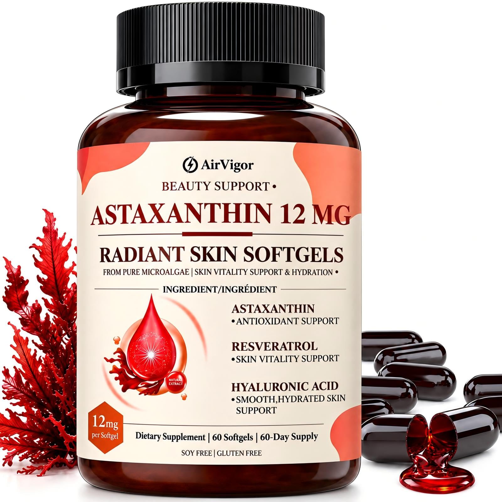 Astaxanthin 12mg, Astaxanthin Supplements for Women, 60 Softgels 60 Count (Pack of 1)