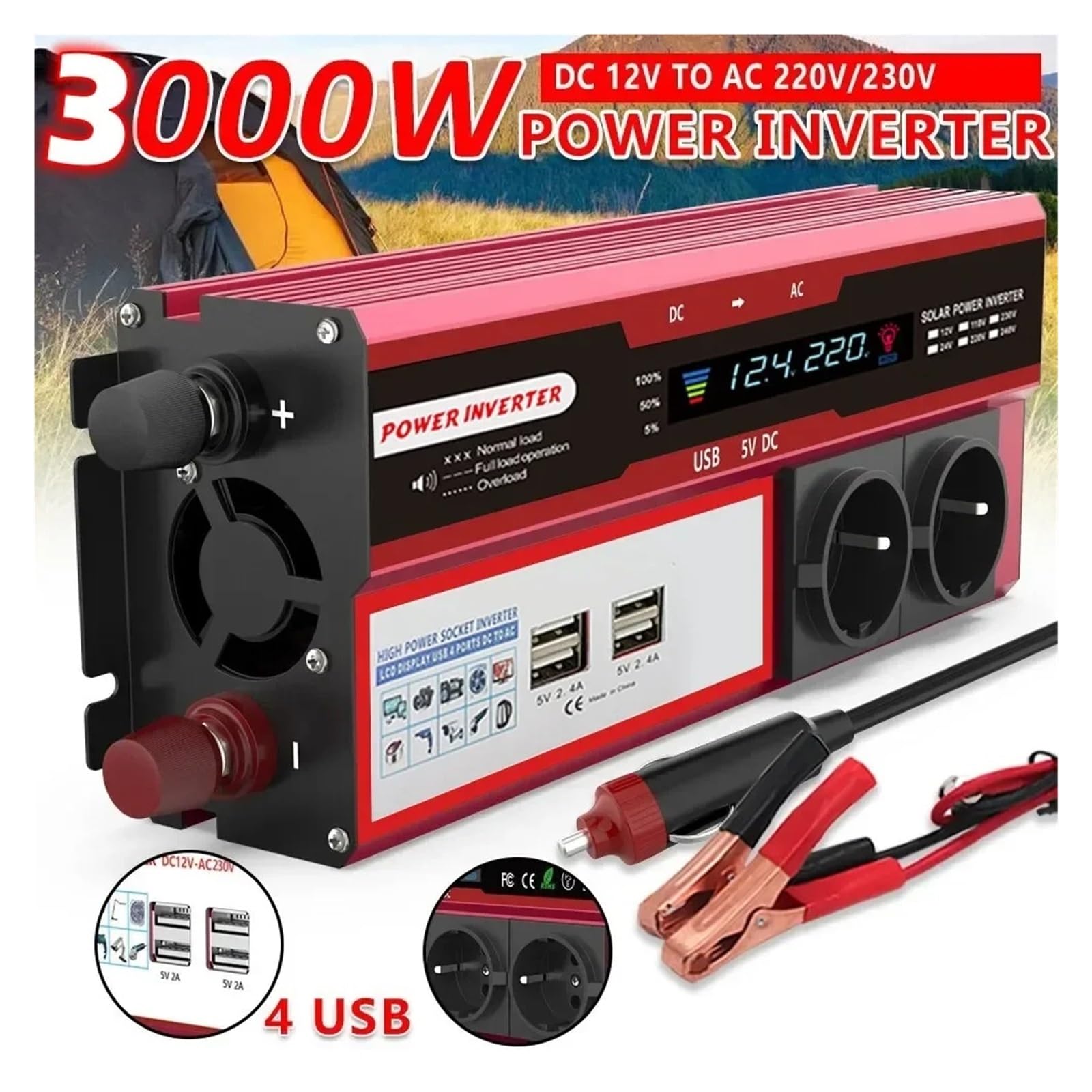 Power Inverter Inverter Moc 4000 W 3000 W DC 12 V A AC 220 V 230 V Do Telefonu Samochodu RV Transformator z 4 gniazdami USB UE Ładowanie z wyświetlaczem LED (3000W)