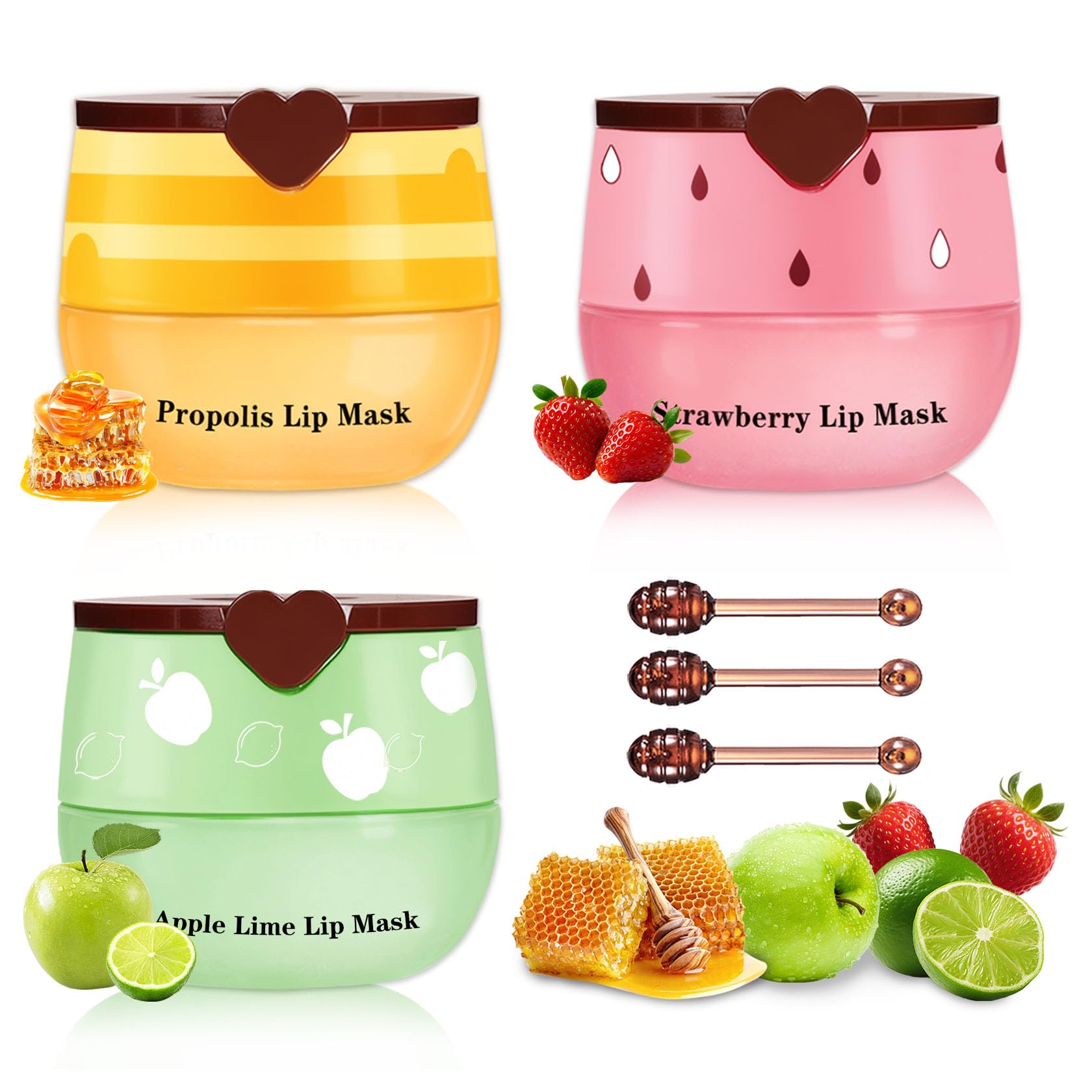Photo 1 of ****ONLY 2***3Pcs Lip Blam Mask Set, All-Day Moisturizing Strawberry, Apple, Honey Pot Lip Balm Set, Nourishing Repair Lip, Reduces Lip Lines
