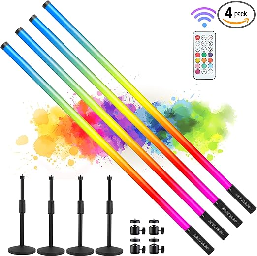 4Pack 5000mAh Battery Powered 4ft RGB led Tube dj Light bar with Stand Colored Video Stick Lights for 360 Photo Booth Studio Dance Club Party Wedding Events Stage Lighting
