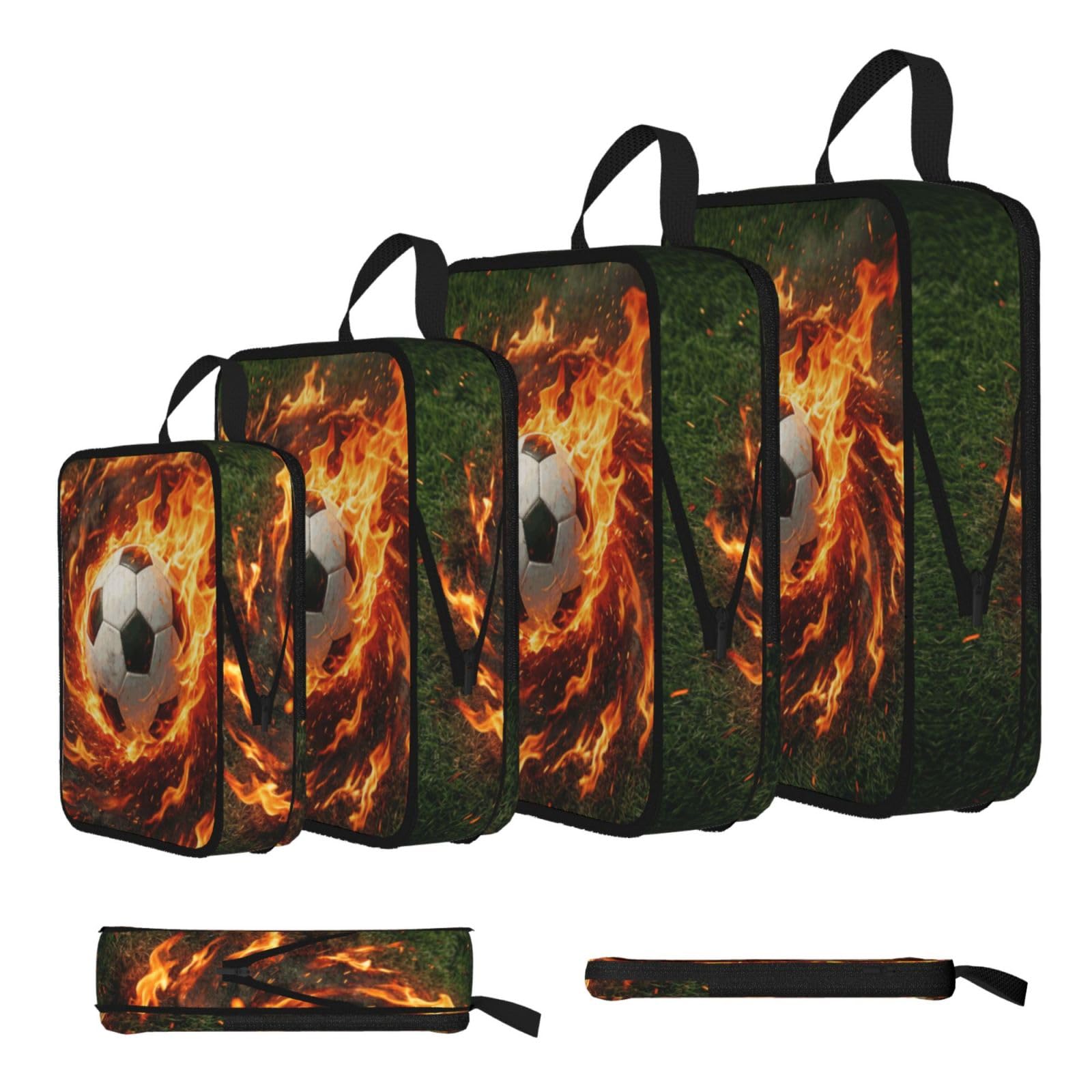 The Soccer Ball in the Flames Compression Packing Cubes 4 Piece Set