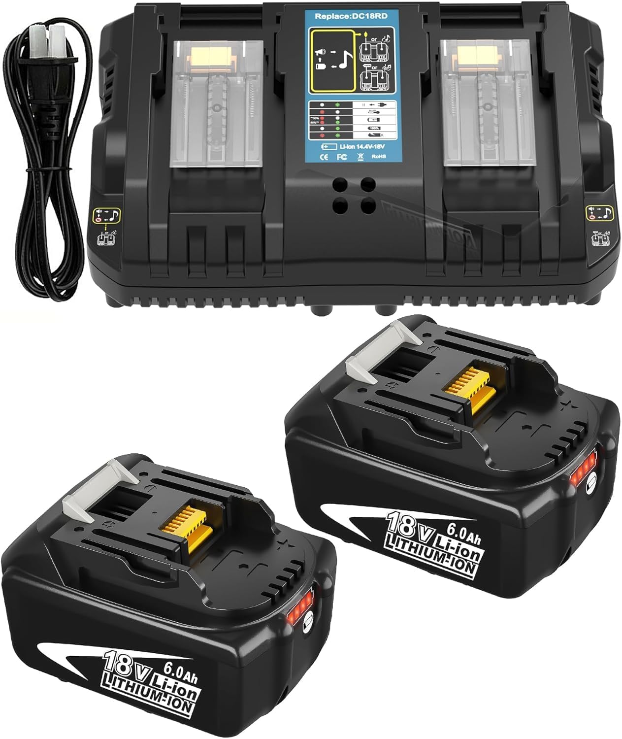 2Pack 6.0Ah Replacement for Makita 18V Battery and Charger