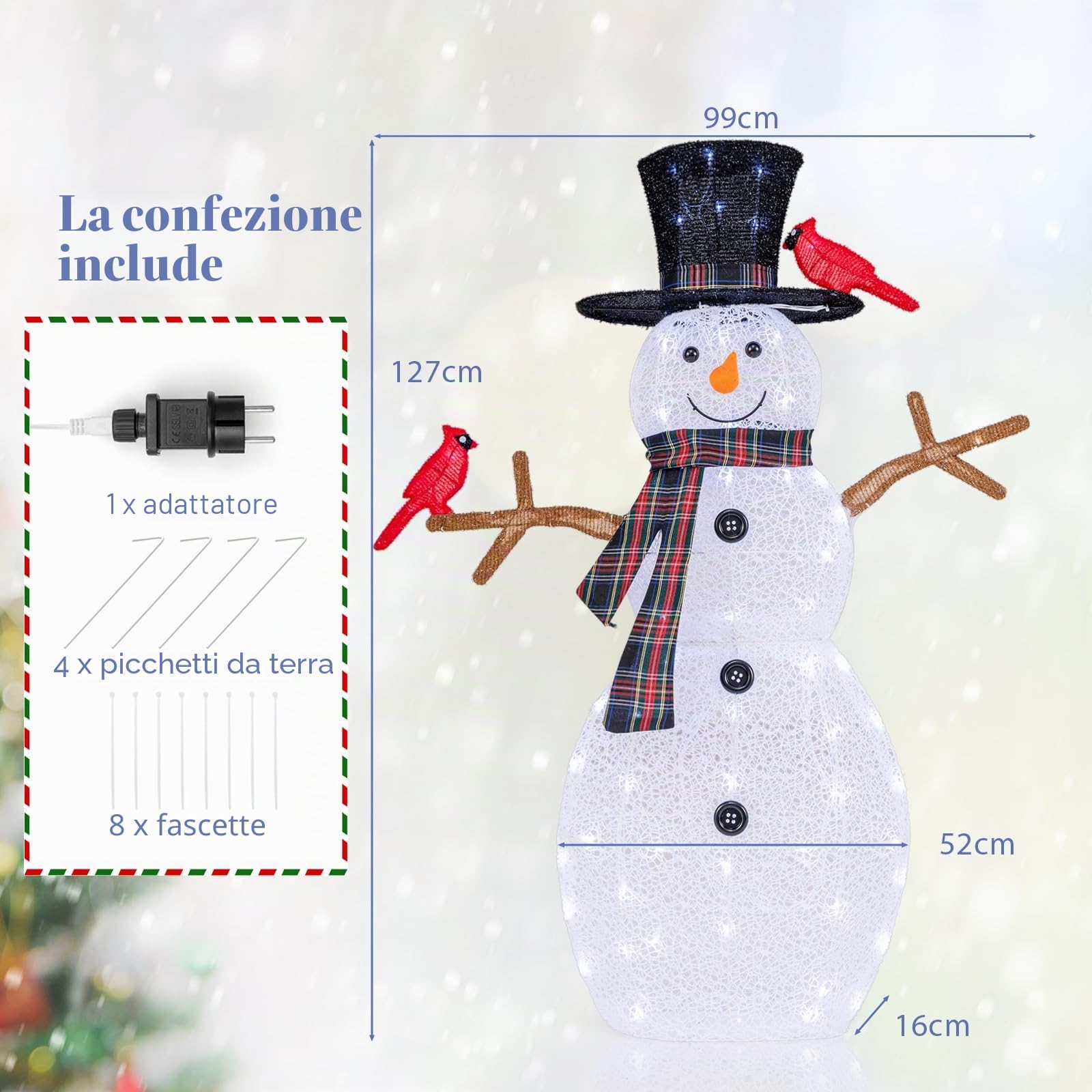 SOARS Decorazioni Natalizie, Pupazzo di Neve 99 X 16 X 127 CM con 70 Luci LED, 2 Uccellini Rossi, Resistente alle Intemperie, Addobbi Natalizi per Esterno & Interno per Salone, Giardino, Cortile