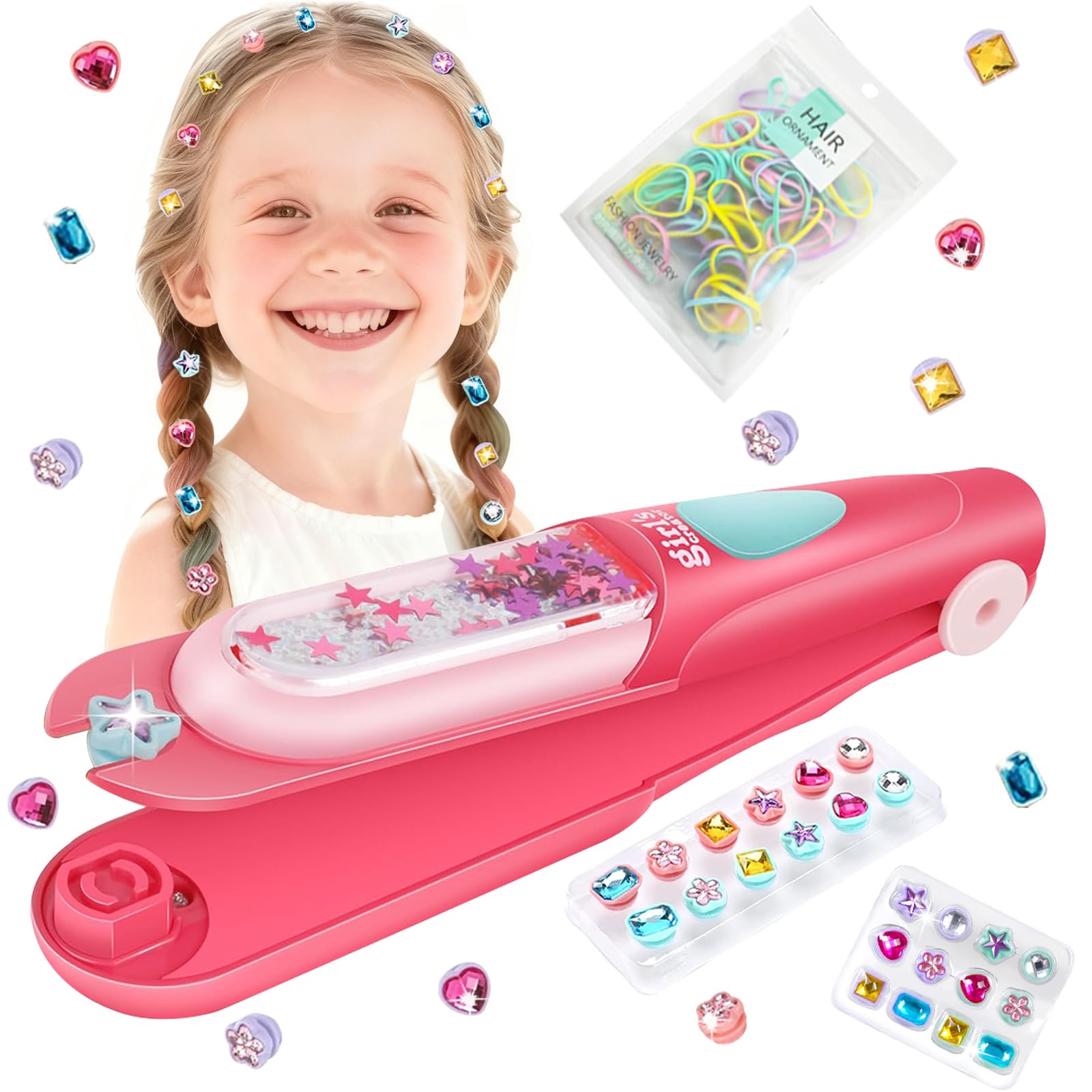 Gosuoa Hair Gem Stamper with 100 Pcs Mini Hair Elastics, Bling Hair Jewels for Girls Toys, Hair Bedazzler Hair Accessories for Girls 3-12