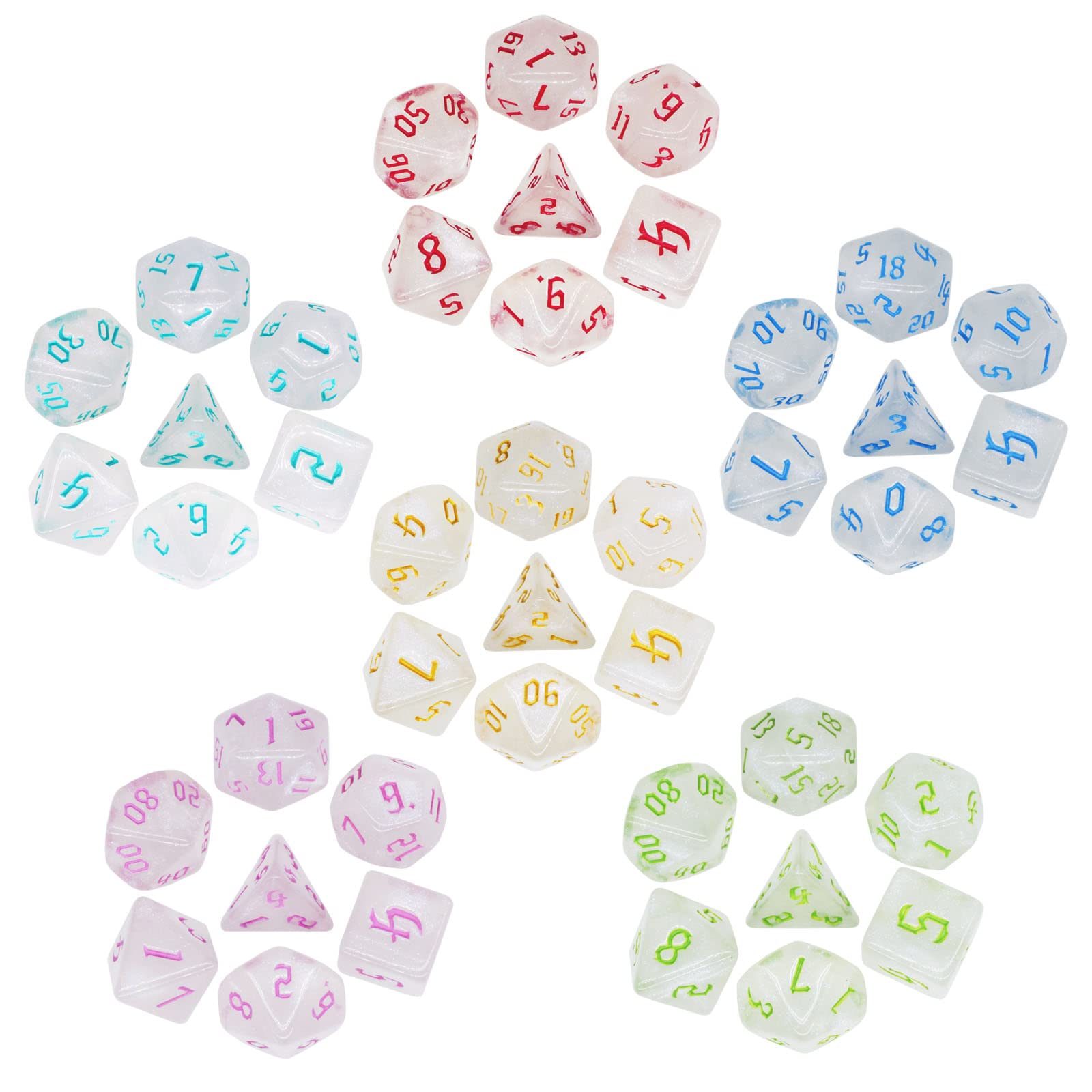 6 Sets DND Dice Sets - 6 X 7 Glitter Polyhedral Dice (42pcs) with a Large Drawstring Bag Great for Dungeons and Dragons,D&D RPG MTG Role Playing Table Game