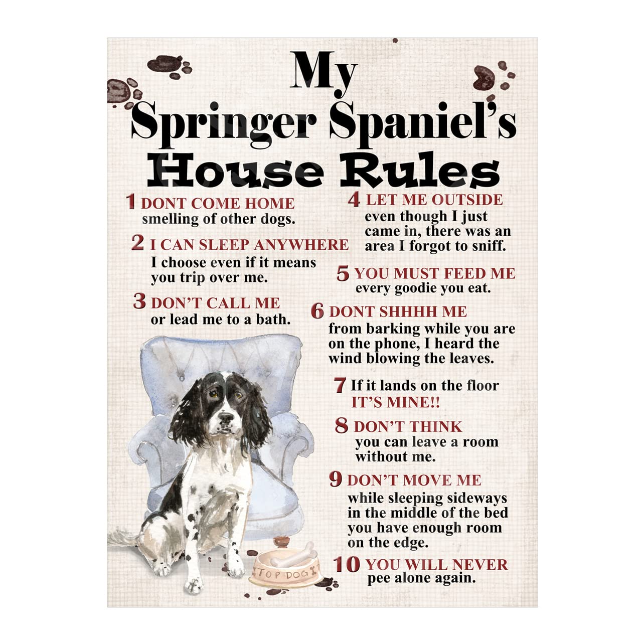 Metal Sign Dog Plaque My Springer Spaniel's House Rules 8x6in ref8237