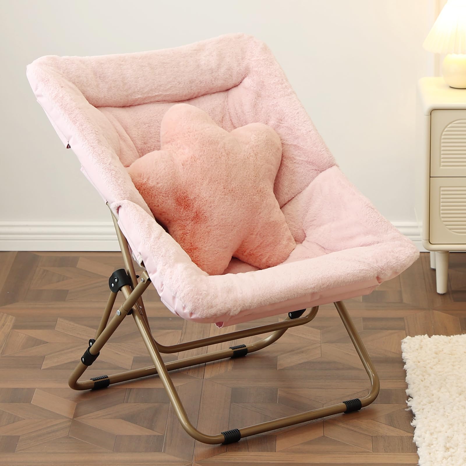 Welnow Comfy Saucer Chair, Oversized Folding Reading Chair for Adults with Throw Pillow Soft Faux Fur Lounge Chair for Bedroom Furry Accent Chair for