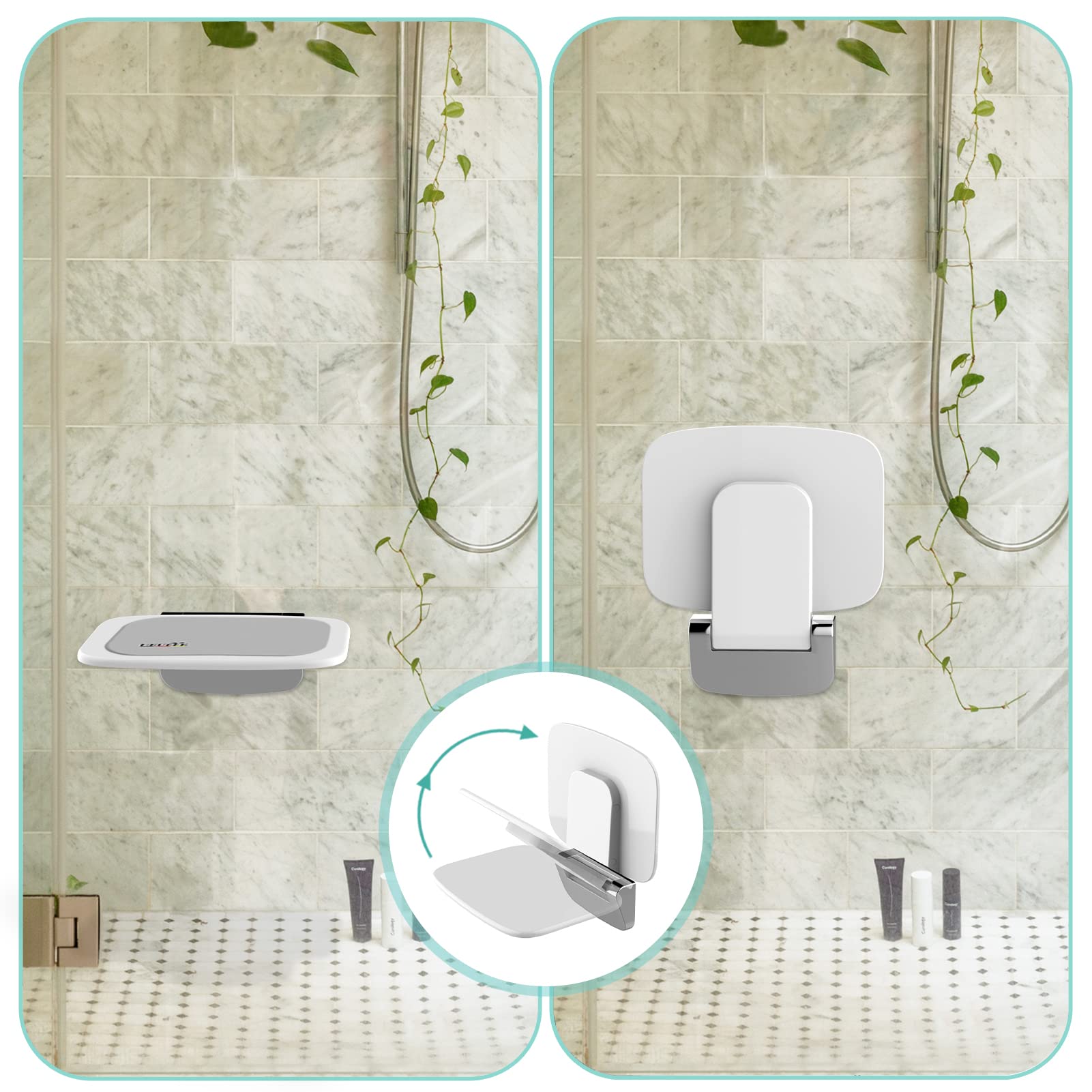Sedia Doccia Sottile Ergonomica Pieghevole a Muro - 160kg Portata Max Antiscivolo, per Anziani e Disabili, Bianco