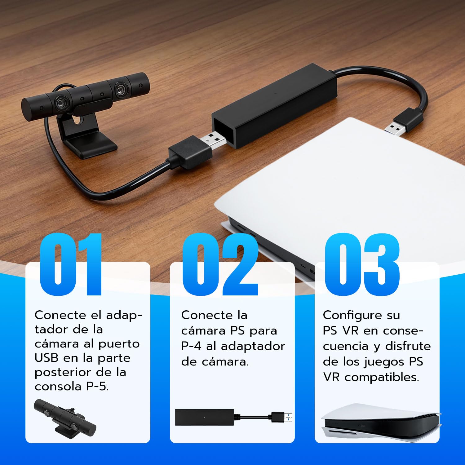 VR Adaptador para PS5 / Slim/Pro de Cámara PS VR, VR Cable Convertidor a Compatible con Consola PS5, PS4, PS, USB 3.0 PS4 Cámara a Consola PS5 VR Juegos Accesorios