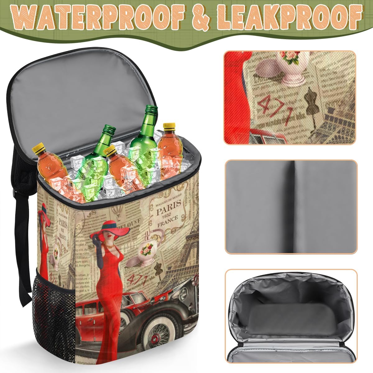 Portable Cooler Backpack Paris Woman Car Leakproof Insulated Lunch Box Soft Cooler Lightweight Cooler Bag for Work Lunch Travel Beach Camping Hiking Picnic Fishing Beer Cooler