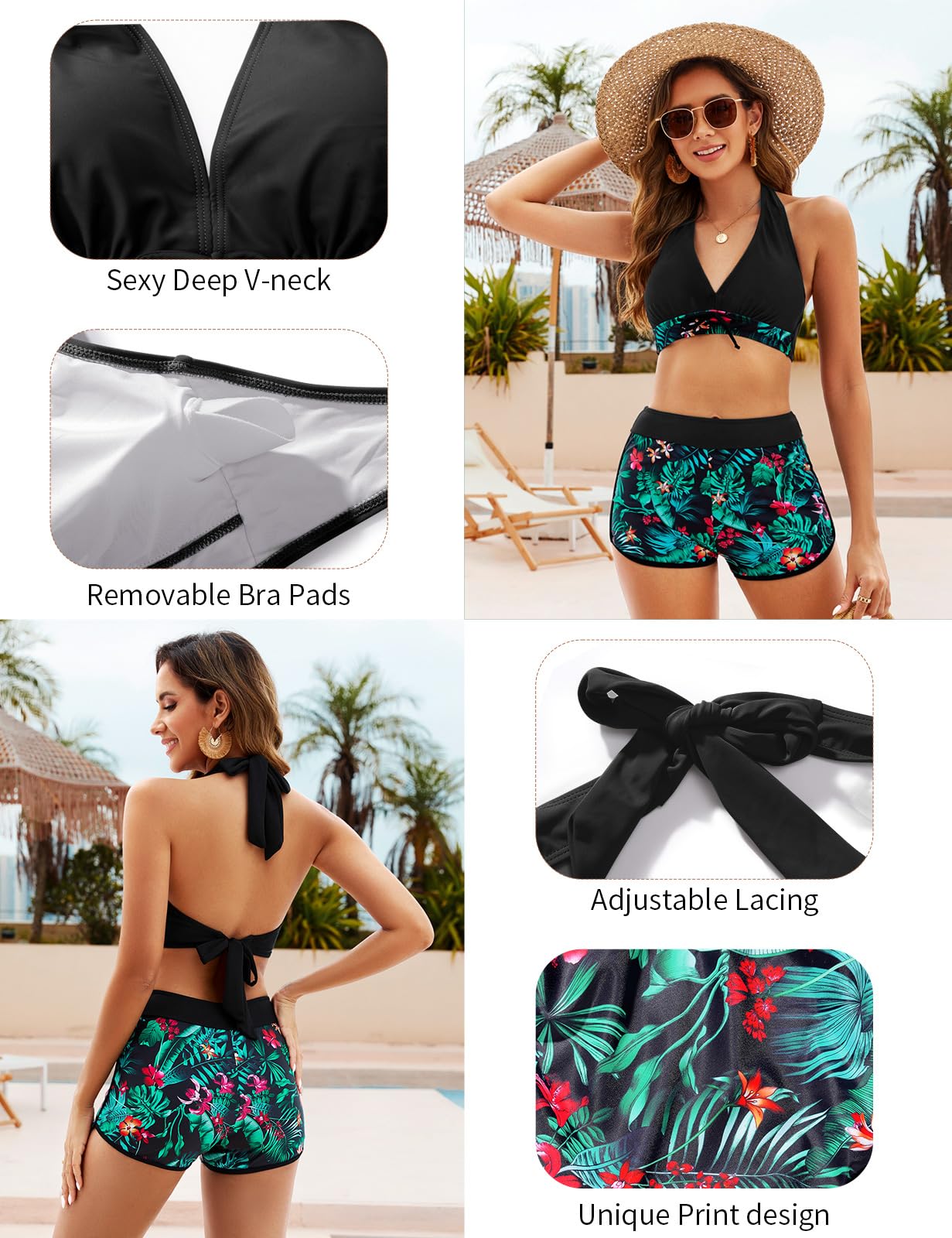Tuopuda Traje de Baño para Mujer Push Up Conjunto de Bikini Estampado Floral Dos Piezas Conjunto Bañador Cuello en V Bikini Tops y Cintura Alta Pantalones Cortos