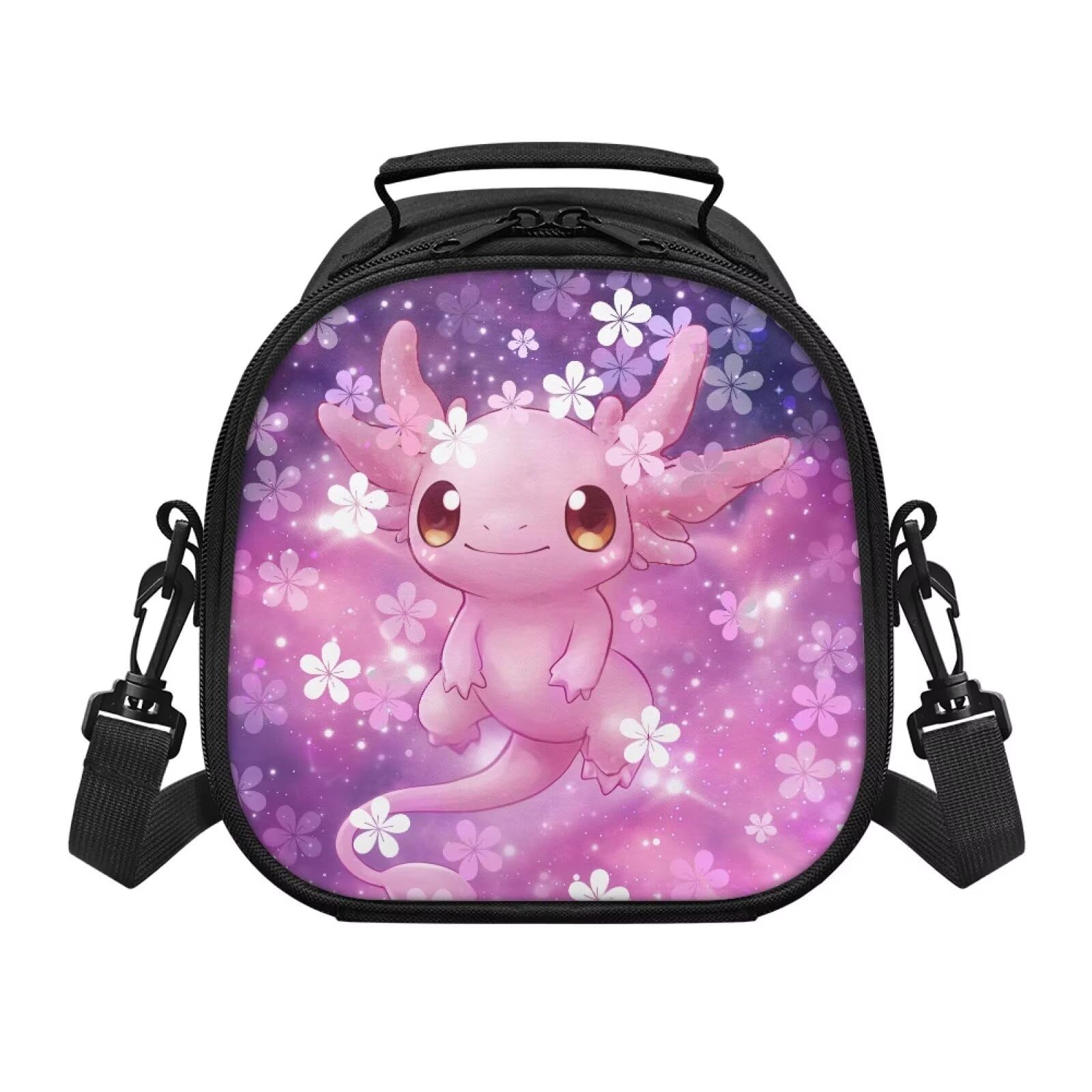 Cugasmaru Axolotl Lunch Bag for Girls Purple Floral Lunchbox for Girls School Lunchbox with Detachable Shoulder Strap Cute Lunch Box Kids Girl Lighweight Cooler Tote Bag for Picnic Work