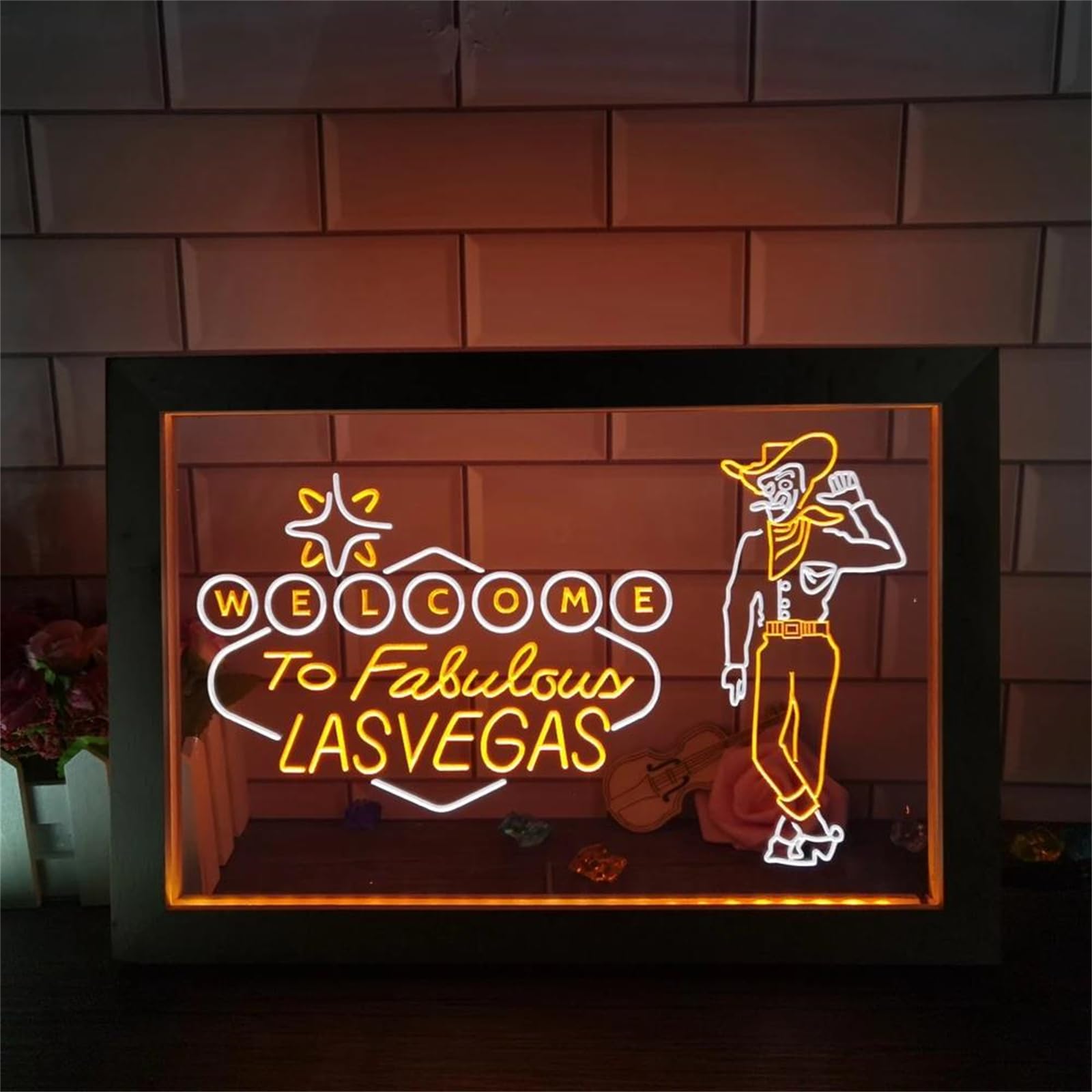 FINOTI Welcome to Las Vegas Beer Bar Pub Display Dual Color LED Neon Sign Photo Frame Bedroom Desk 3D Night Light Bedroom Bar Club Teen Room Art With Switch,K,42x32cm