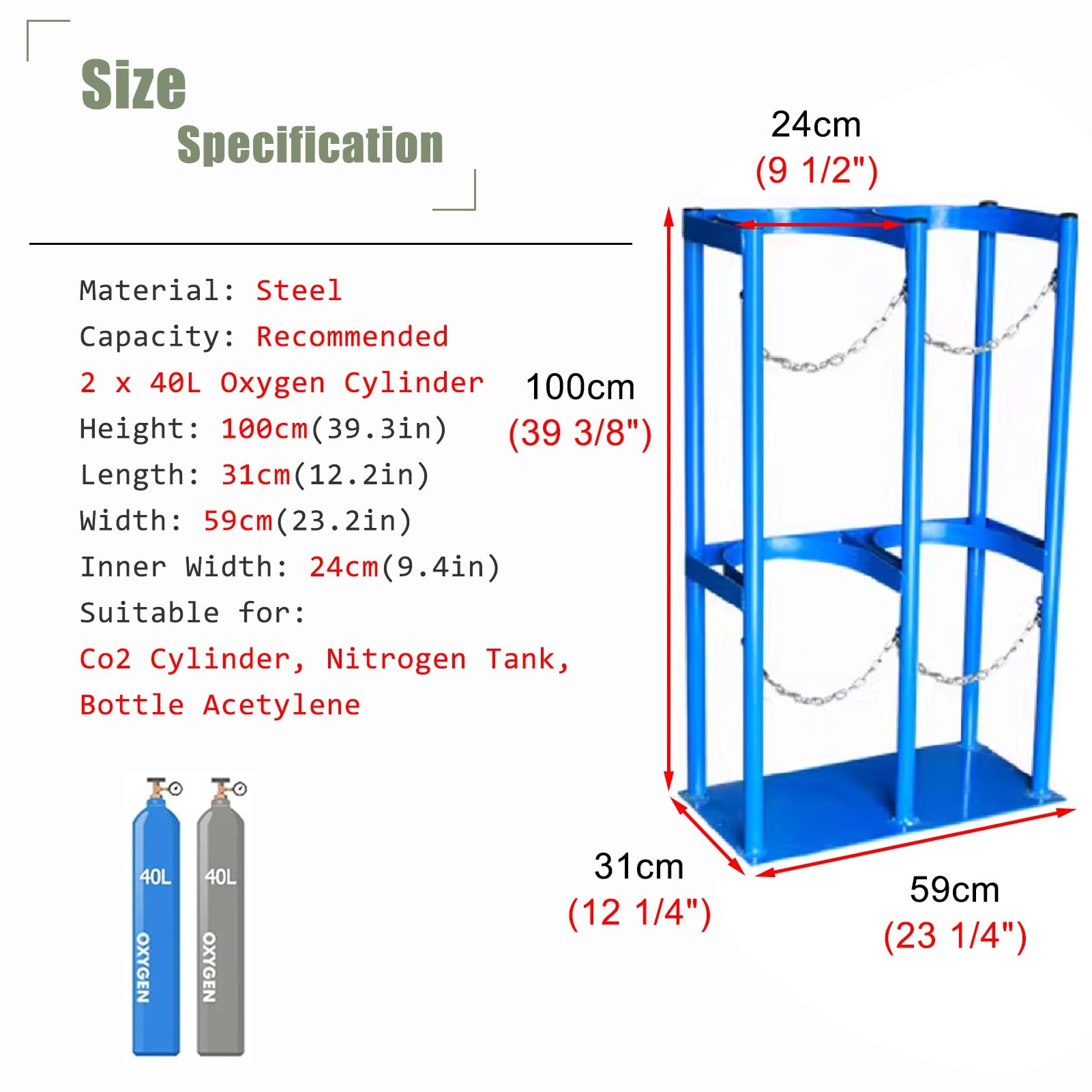 Soporte para Tanque De Oxígeno, Soporte para Cilindro De Oxígeno Médico con Cadenas De Fijación, Estante De Almacenamiento para Cilindros De Co2 con Acabado Revestid