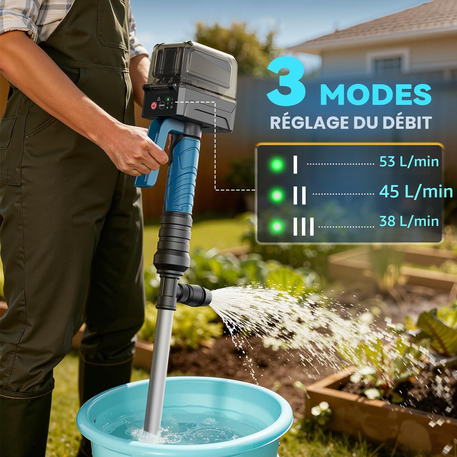 Ecarke Pompe Submersible de tansfert Sans Fil compatible avec Makita 18V, Débit 3000 L/h, Hauteur de Refoulement 8 m, Arrêt Automatique, 3 Vitesses, IP68, Idéal Vidange, Arrosage(sans batterie)