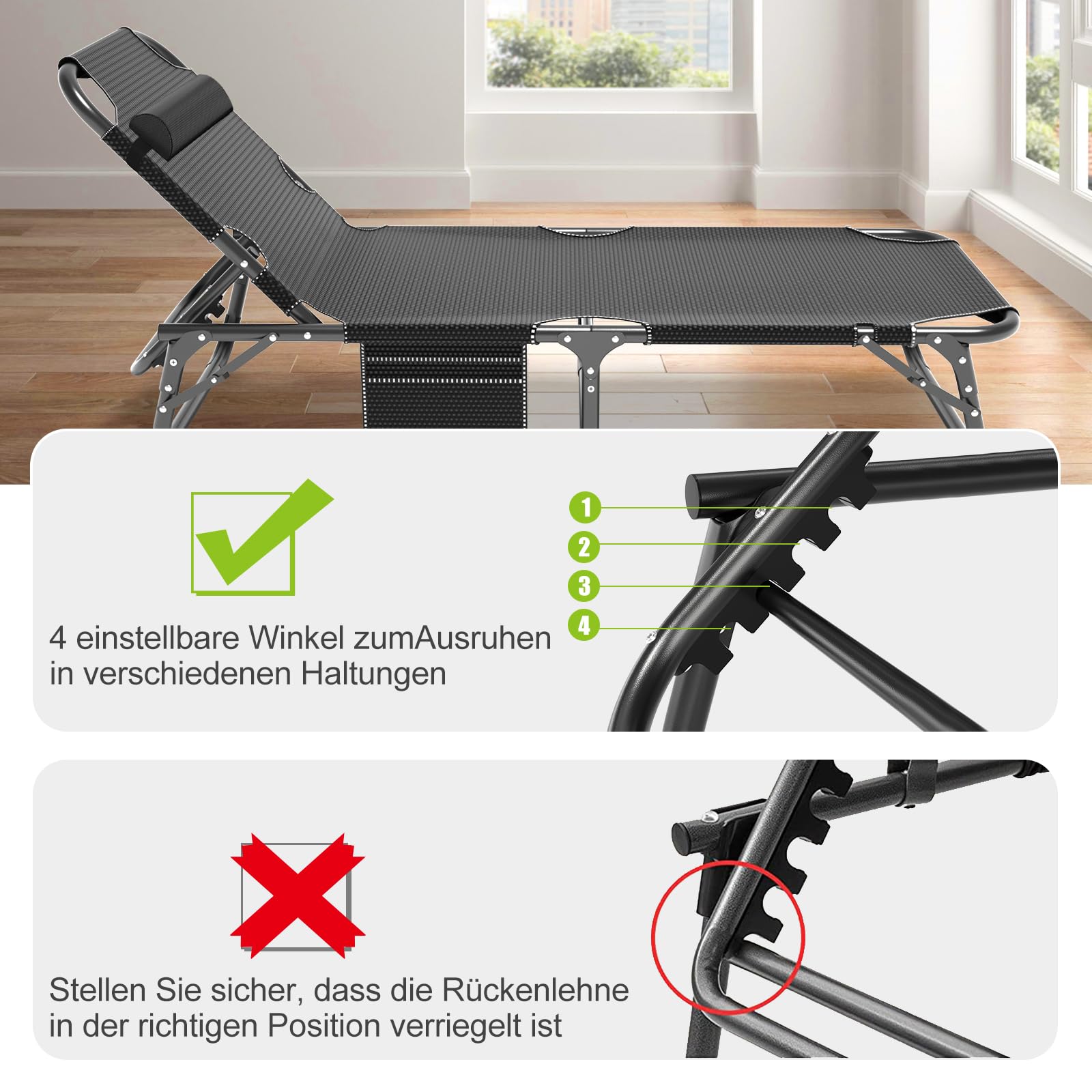 Sonnenliege Klappbar Gartenliege Liegestuhl 200KG Belastbarkeit mit Matratze, verstellbare Rückenlehne Relaxliege für Balkon und Garten, Kann als Gästebett und Campingbett