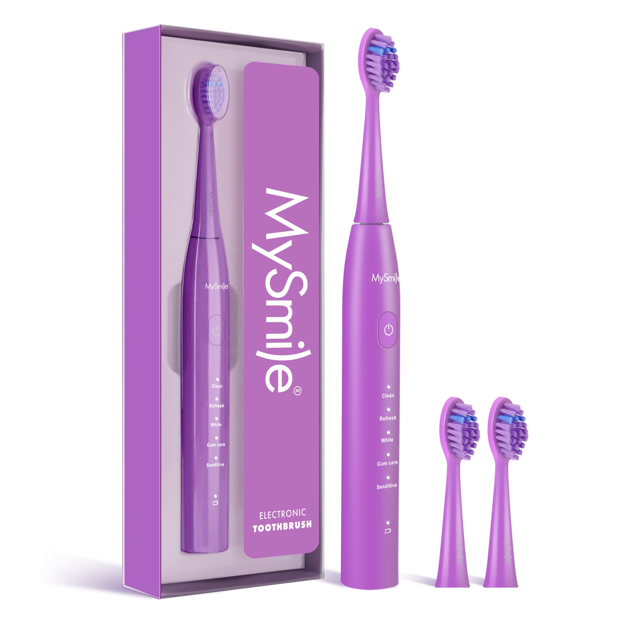 MySmile DY156 Electric Toothbrush for Adults, Rechargeable Sonic Battery Toothbrush Portable with 3 Brush Heads, 2 Mins 5 Modes Smart Timer, 45000VPM, One Charge for 60 Days - Purple