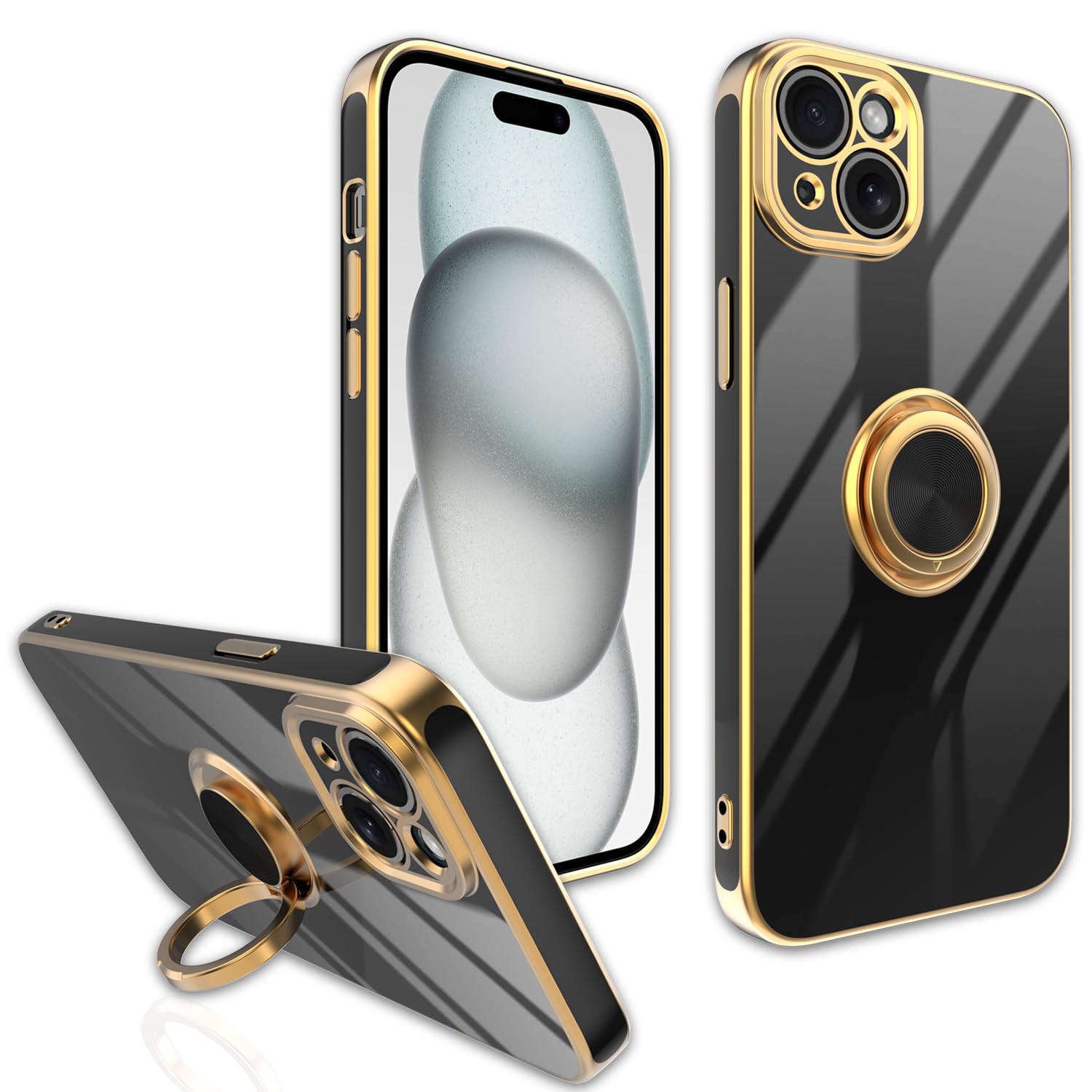 Dahkoiz for iPhone 15-Plus Case, Multi-Function Finger Ring Stand, Upgrade Camera Protection, Plating Gold Edge Slim Cover Phone Case for iPhone 15 Plus, Black
