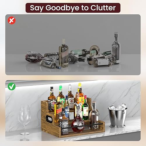 Miniatura 8 de Estante de exhibición de botellas de licor de 3 niveles, organizador de jarabe de café de madera, estante de especias retro para encimera, estantes