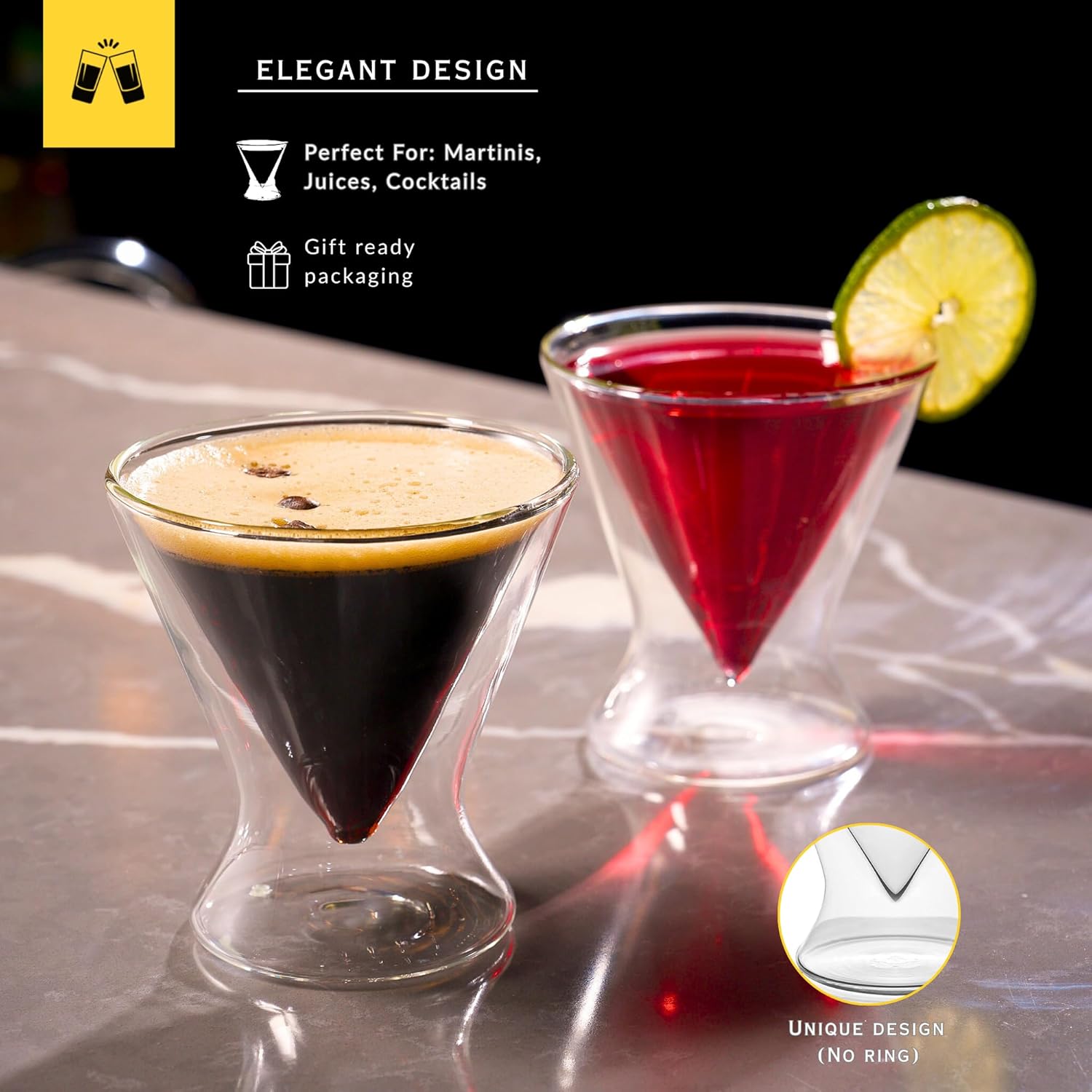 LEMONSODA Stemless Martini Cocktail Glasses Set of 2 for Margaritas, Espresso Matinis, Manhattans, Cosmopolitans, Home Bar, Birthdays, Housewarming Gift, Crystal Clear 8 OZ (wo/Ring, Set of 4) - Image 4