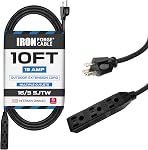 IRON FORGE CABLE 3 Outlet Power Strip Outdoor Extension Cord 10 ft, 16/3 Weatherproof Heavy Duty Black Extension Cord with Multiple Outlets 3 Prong Great for Outside, Lamp, Lawn, Home & Office