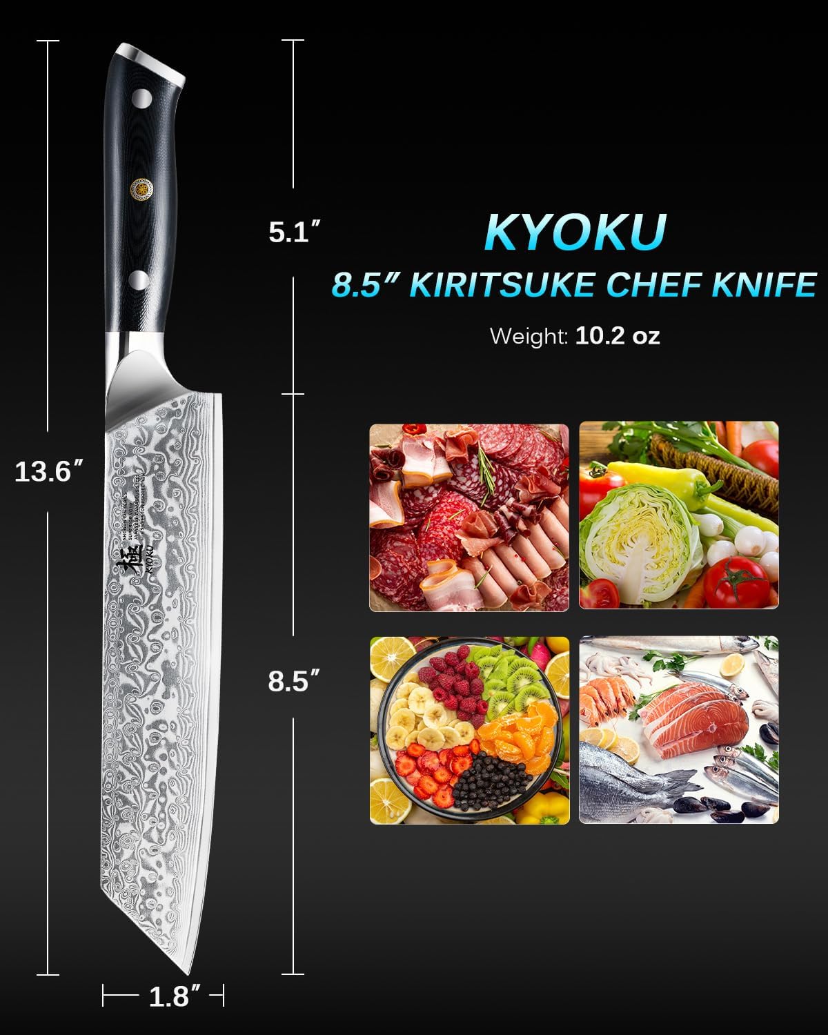 KYOKU Kiritsuke Chef Knife - Gin Series - 8.5" Multipurpose Professional Chef Knife, Japanese VG10 Damascus Stainless Steel Kitchen Knife with Silver Ion Blade G10 Handle Mosaic Pin - Image 5