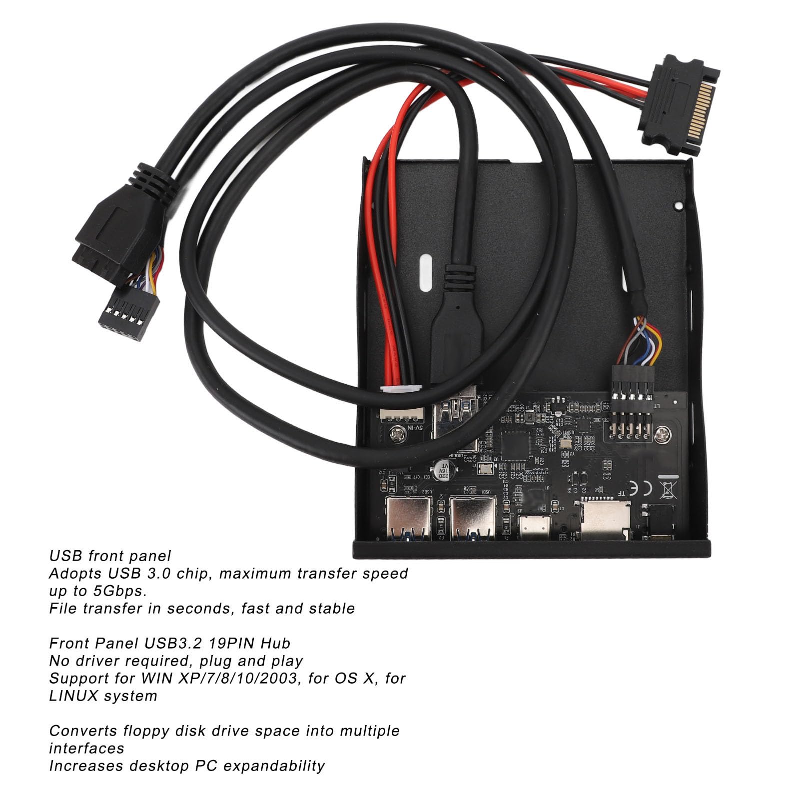 USB3.2 Gen1 Floppy Drive Panel, 3.5 Inch Front Panel USB C Hub with 2 USB3.0, USB C, HD Audio, SD/TF Reader, 19Pin Front Panel Adapter for Win XP/7/8/10/11/2003, OS X, Linux