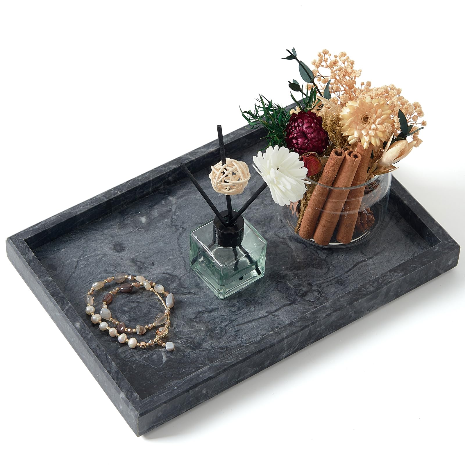 MULWR Marble Bathroom Tray,Pure Natural Vanity Tray,Marble Trays for Kitchen Counter Non-Ceramic/Non-Resin,Stone Tray 12 x 8 inch (Black) ﻿