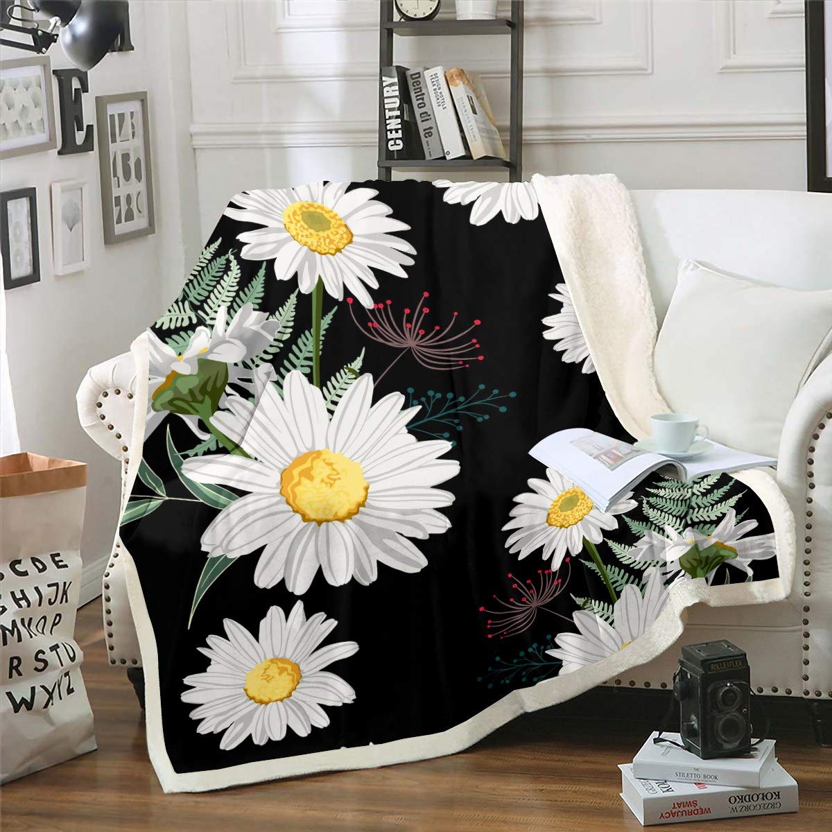 Loussiesd Daisy Sherpa Blankets Floral Print Throw Blanket for Couch Sofa Travel Women Blossom Flowers Pattern Fleece Blankets Botanical Branches Room Decor Plush Throw Blankets Double 60"x79" — image 1