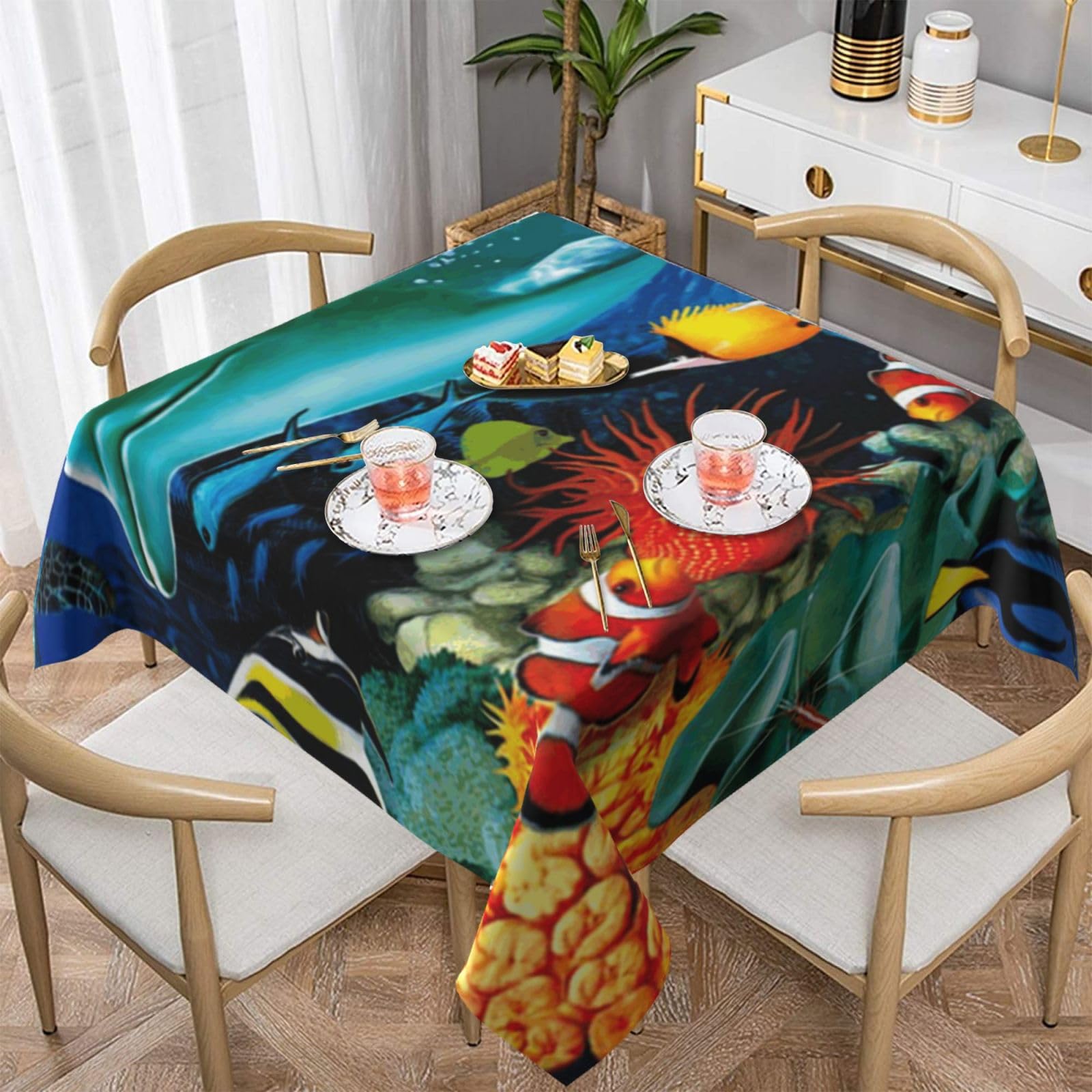 DCEHGEW Tropical Fish Dolphin Coral Undersea Prints Square Tablecloth 137x137 CM, Waterproof Fabric Table Cloth for Dining Table, Farmhouse Table Cover for Kitchen Dining Tabletop Decoration