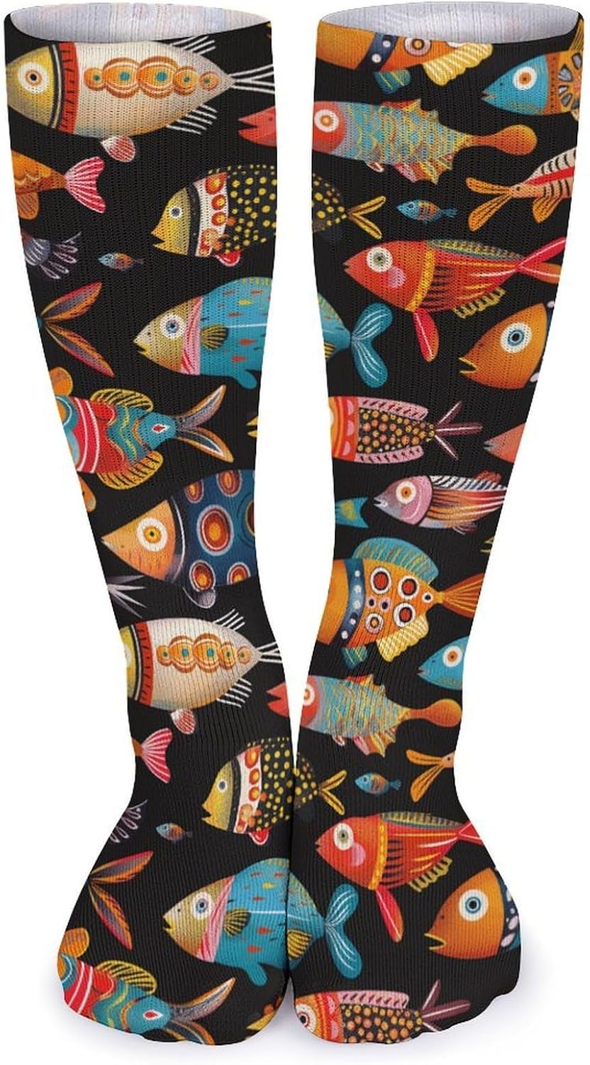 5 Pairs Knee High Socks Cartoon Fish Long Tube Boot Seamless Toe