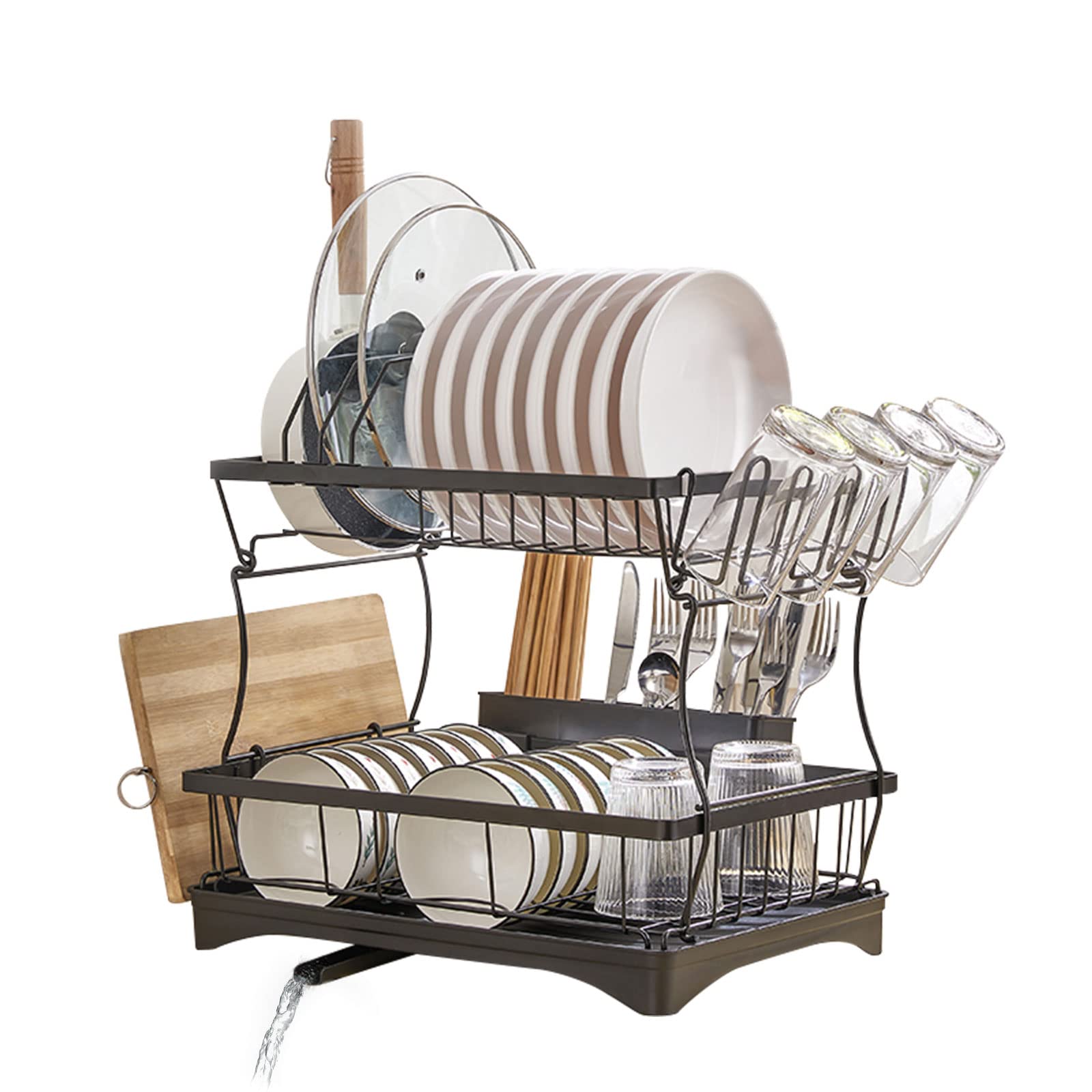 Escurreplatos de 2 niveles, escurreplatos con bandejas de goteo, soporte para cubiertos para tabla de cortar, cesta de vajilla para cocina