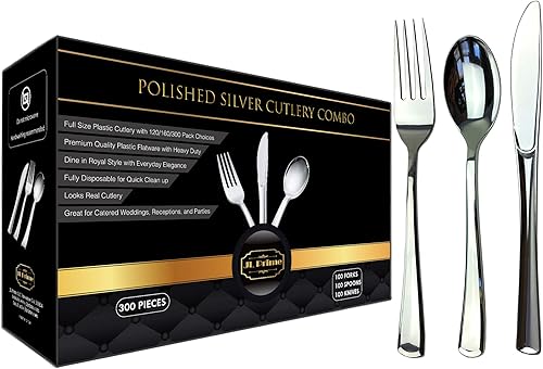 JL Prime Juego de cubiertos de plástico plateado de 300 piezas, cubiertos de plástico reciclable reutilizable, utensilio de plástico plateado, 100