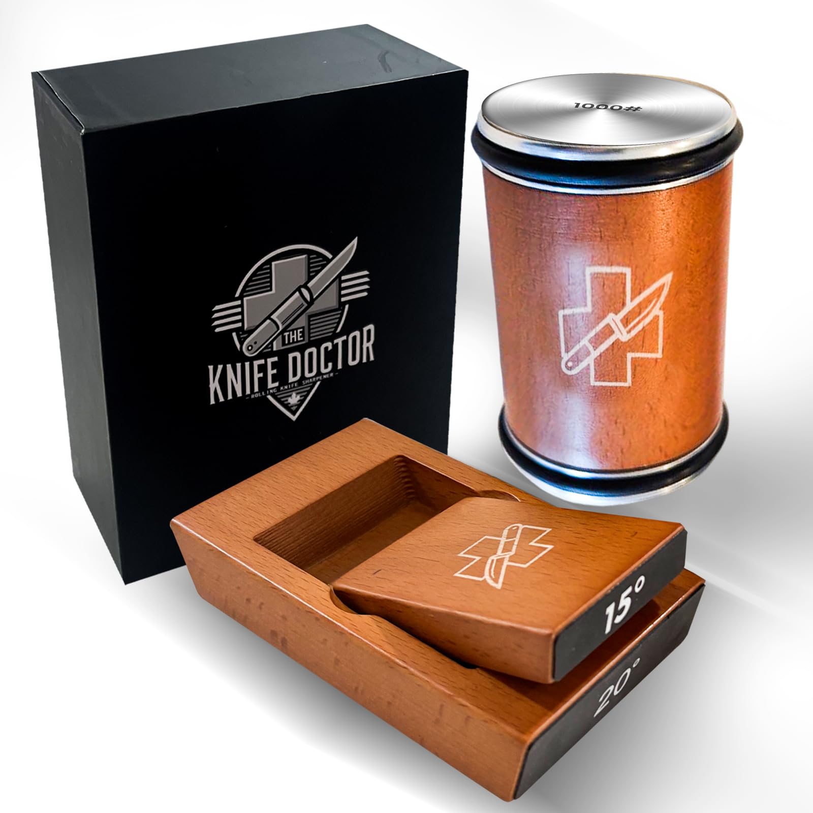 The Knife Doctor - Professional Rolling Knife Sharpener Kit - Two-Piece Wooden Block Knife Sharpening System for Kitchen