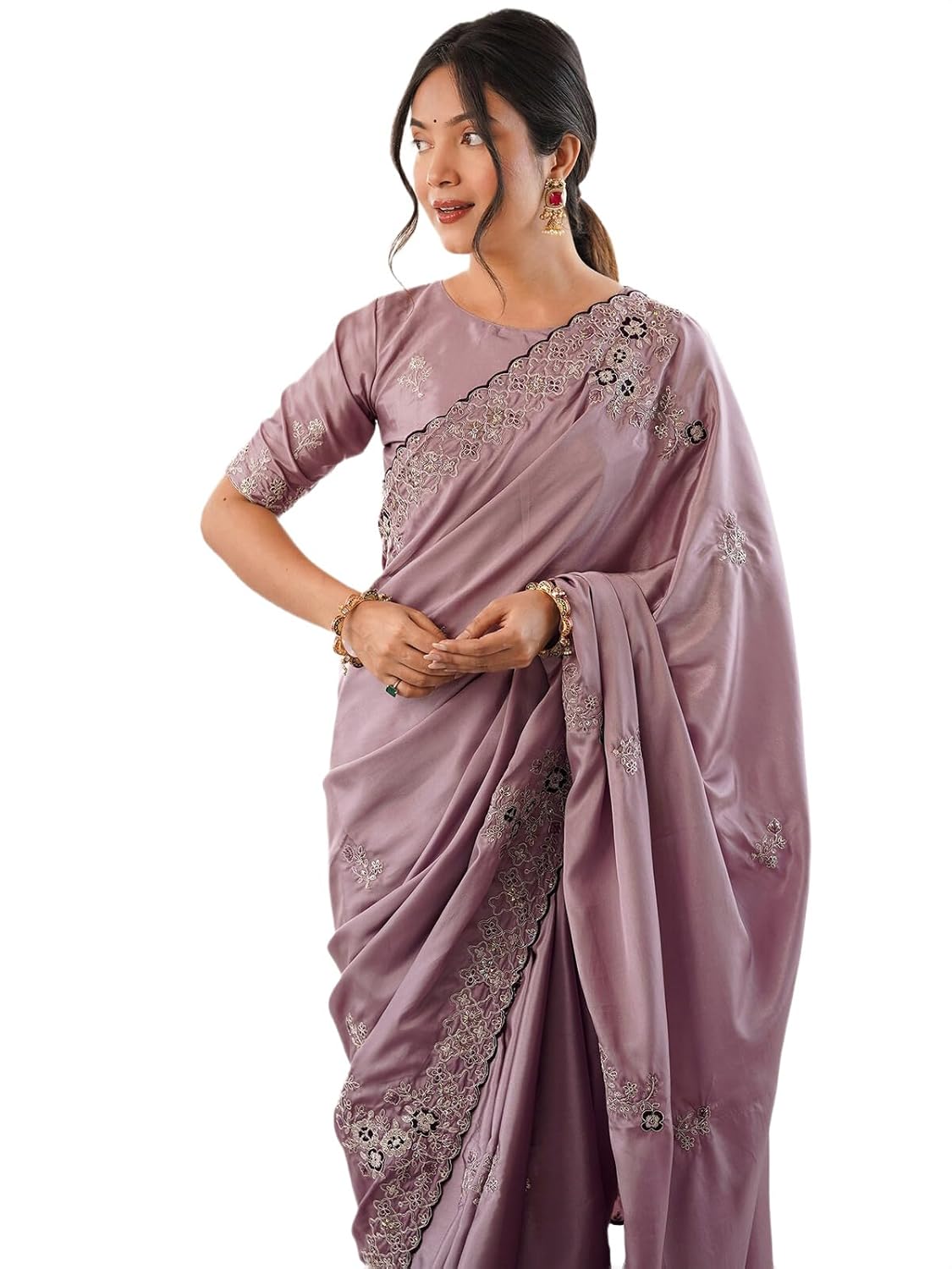 SIRIL Women's Silk Blend Scalloped Sequin Saree