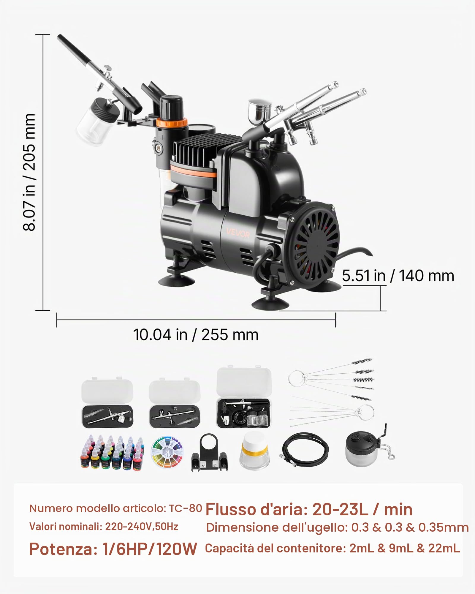 VEVOR Set Aerografo 1/6 HP con Compressore d'Aria, 3 Spruzzatori Aerografo a Doppia Azione con 3 Ugelli (0,3/0,3/0,35 mm) Flusso d'Aria 20-23 L/min, per Decorazione di Torte, Pittura di Modelli