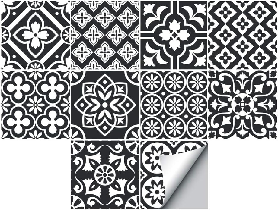 Alwayspon 30Pcs Peel&Stick Vinyl Wall Tile Transfers Sticker, 8x8inch Self Adhesive PVC Backsplash Tile Decals for Bathroom Kitchen Decor, Black Flora T54