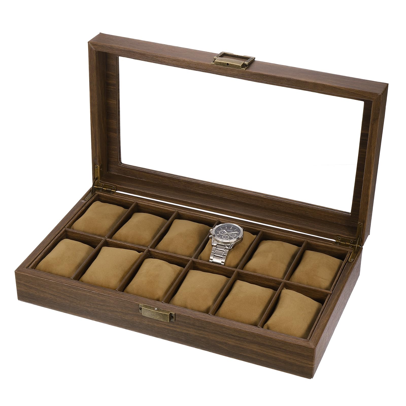 Boîte à Montres pour Homme, 12 emplacements, en Cuir PU grainé, avec Couvercle en Verre et Coussin Amovible, Compatible avec la Plupart des Montres et Montres connectées.